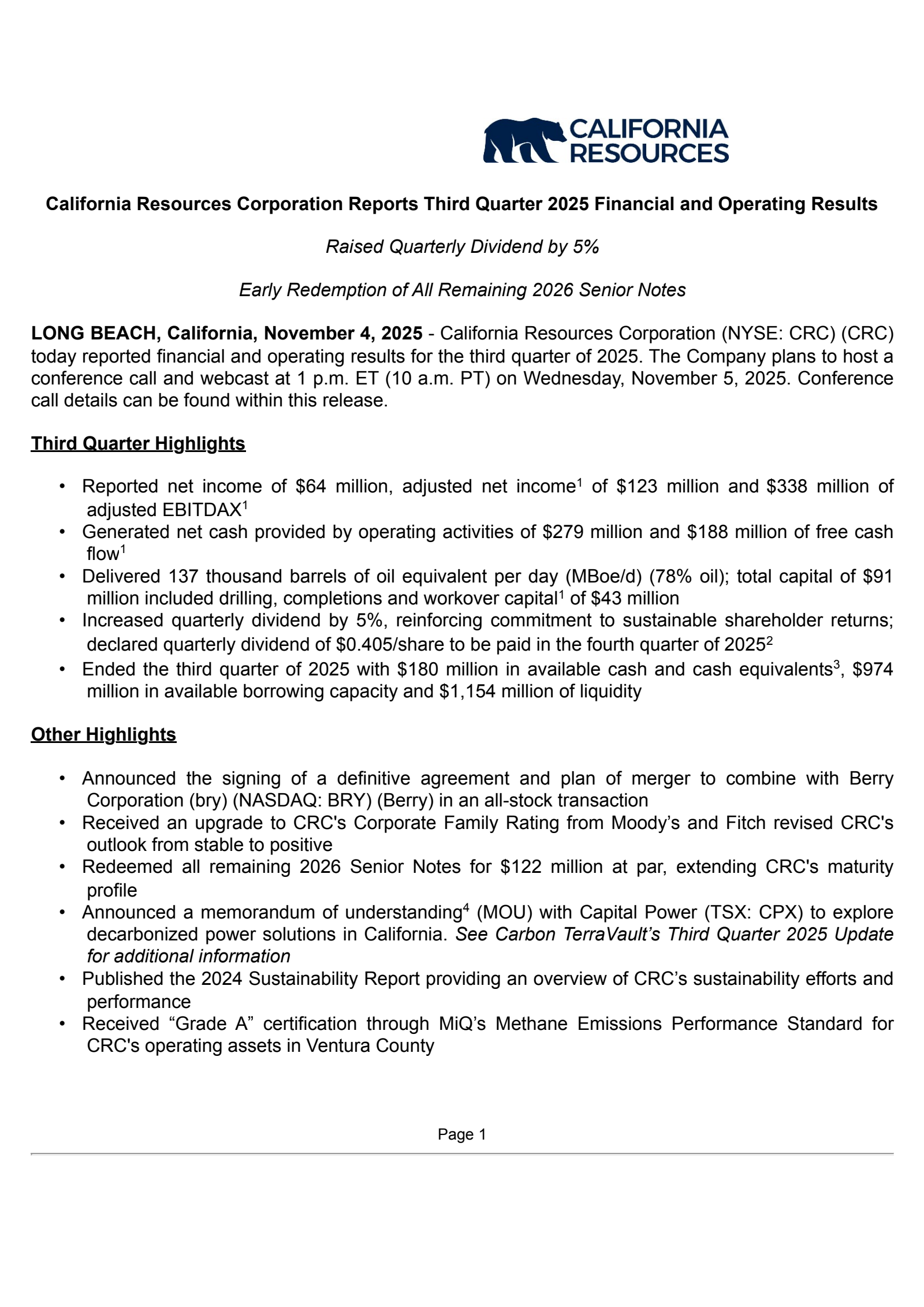 California Resources' Q3 2025 Earnings Release