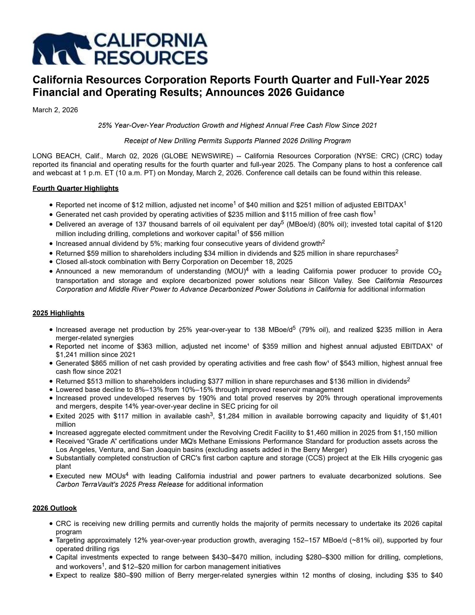 California Resources' Q4 2025 Press Release