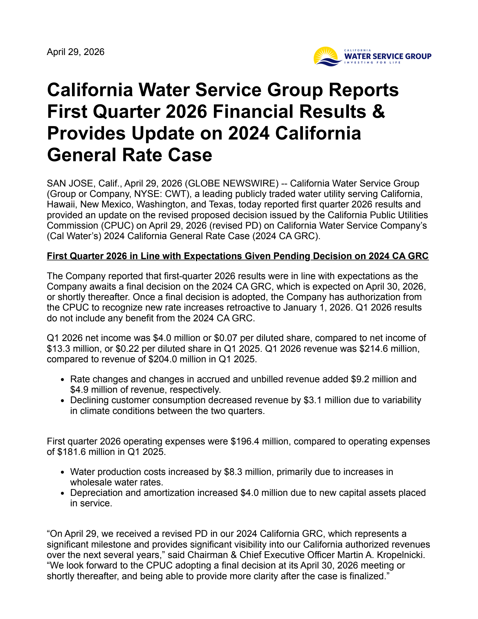 California Water Service Group's Q1 2026 Press Release