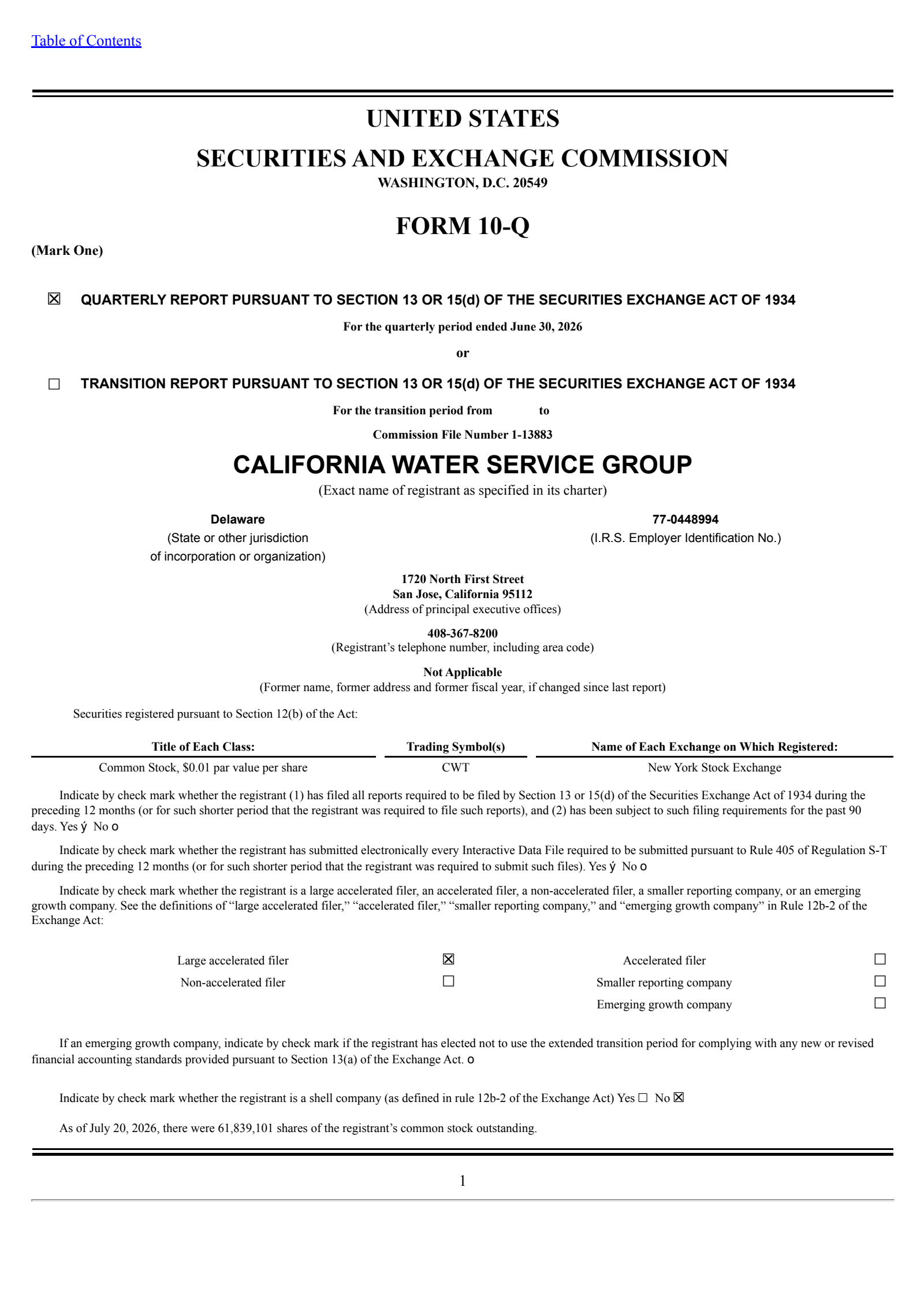 California Water Service Group's Q2 2026 Quarterly report