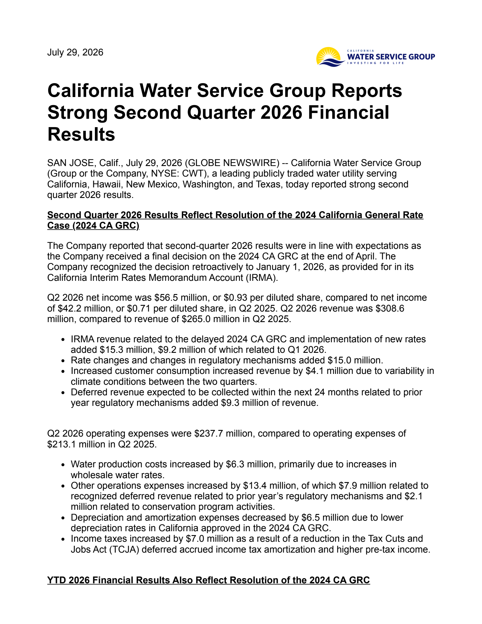 California Water Service Group's Q2 2026 Press Release