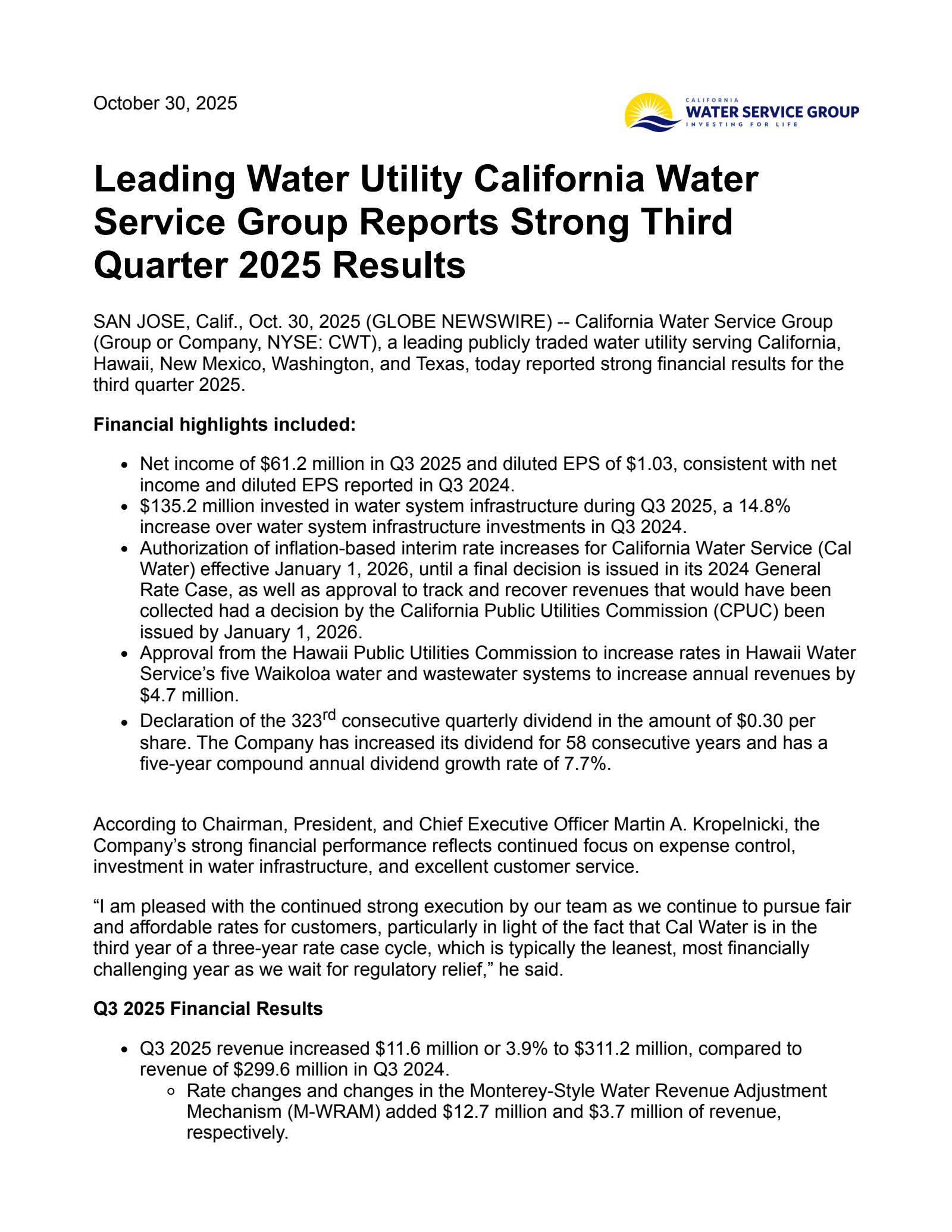 California Water Service Group's Q3 2025 Earnings Release