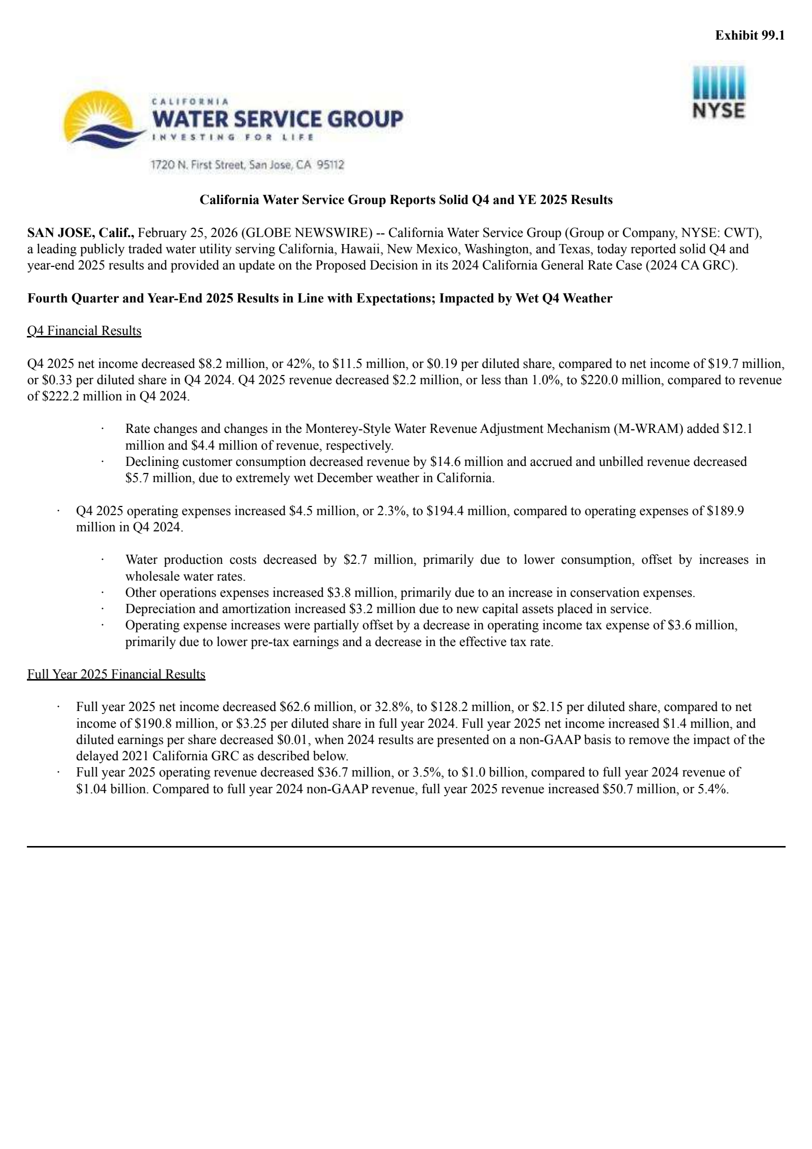 California Water Service Group's Q4 2025 Press Release