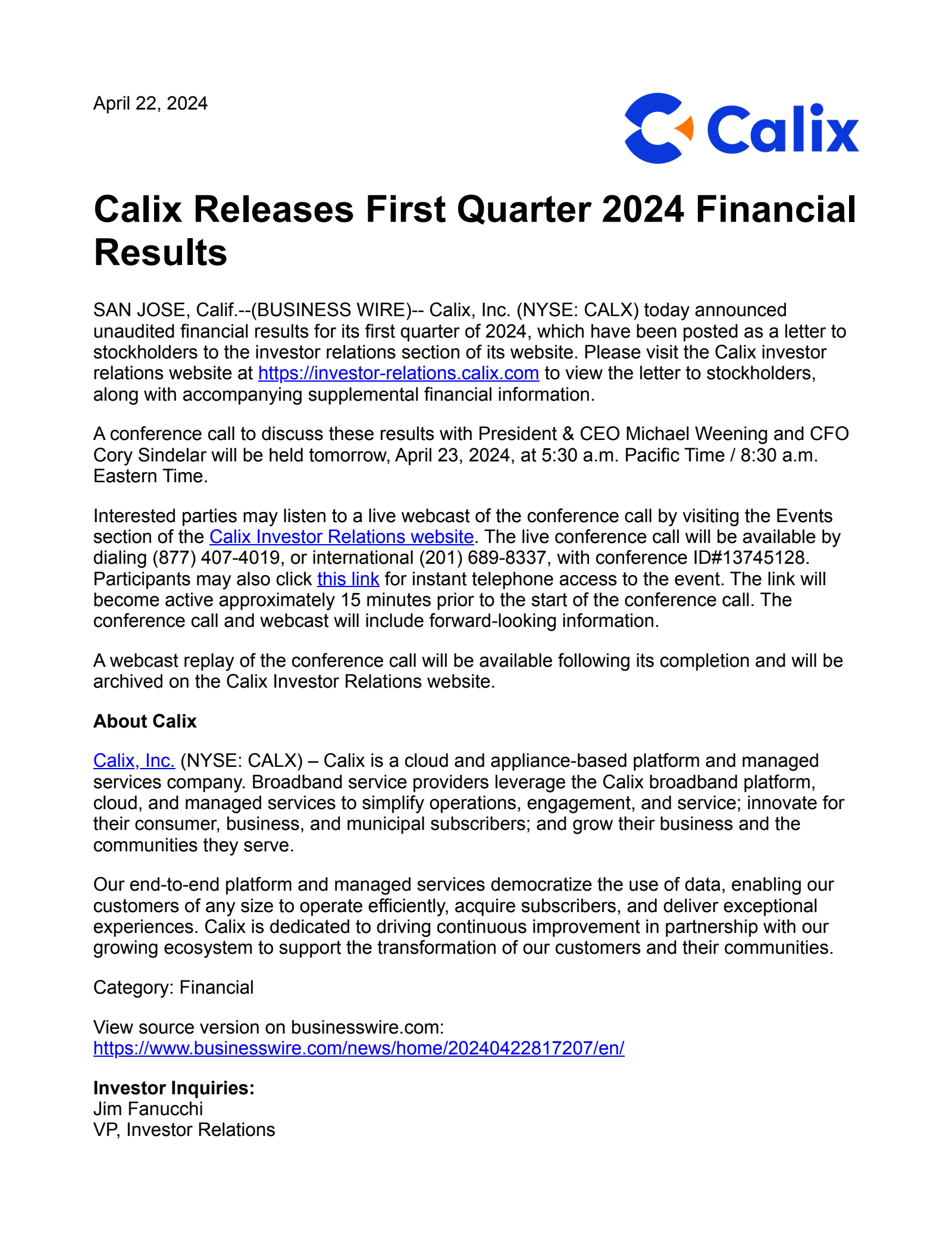 Calix's Q1 2024 Press Release