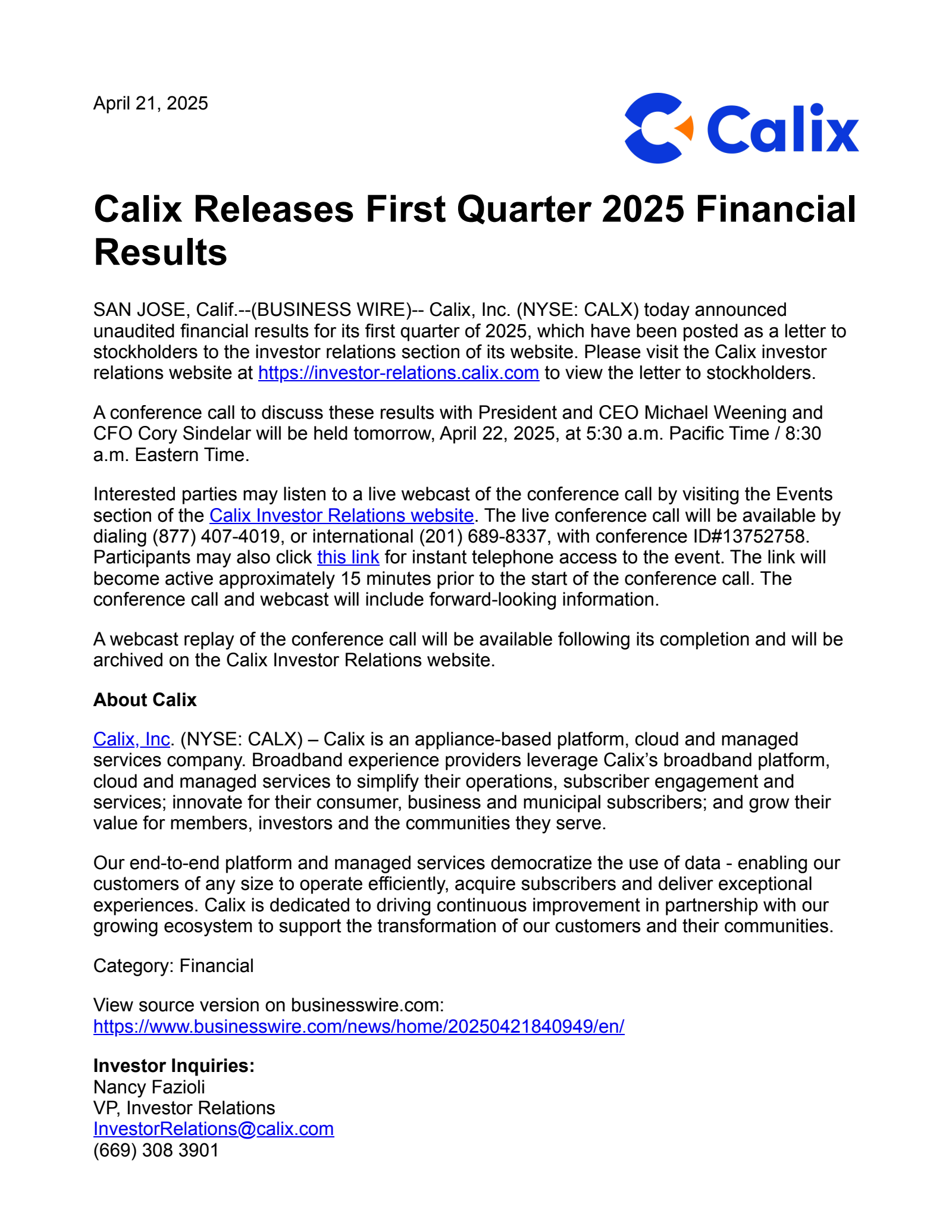 Calix's Q1 2025 Press Release