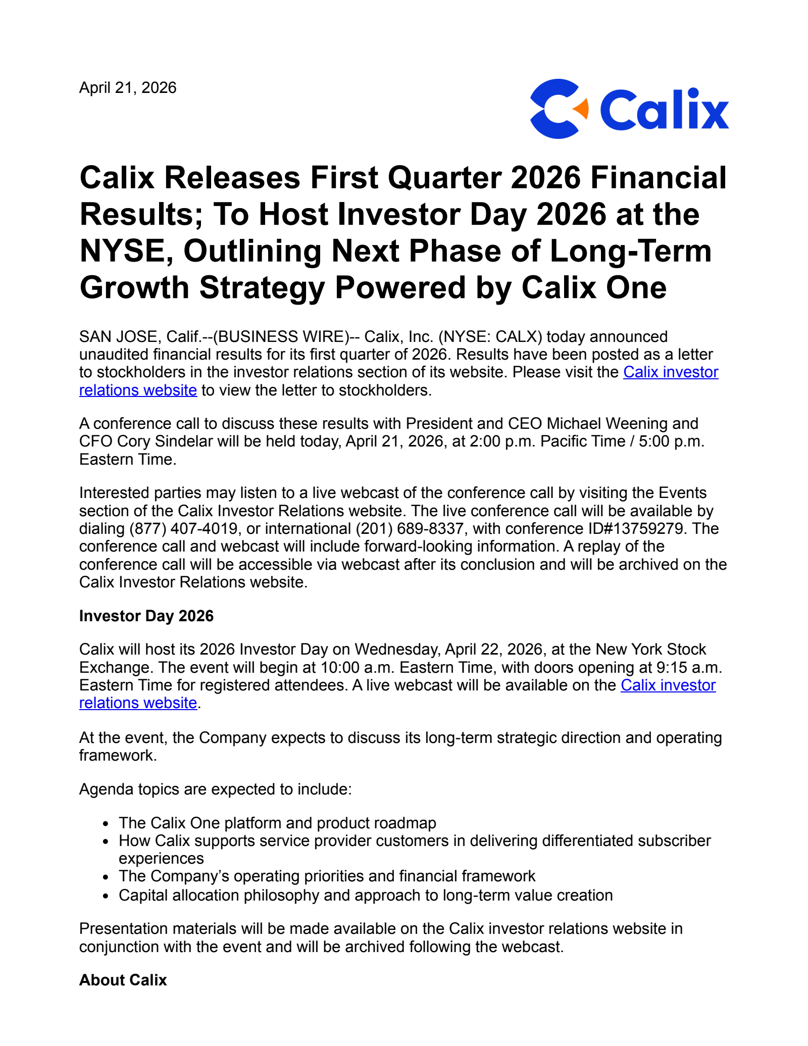 Calix's Q1 2026 Press Release