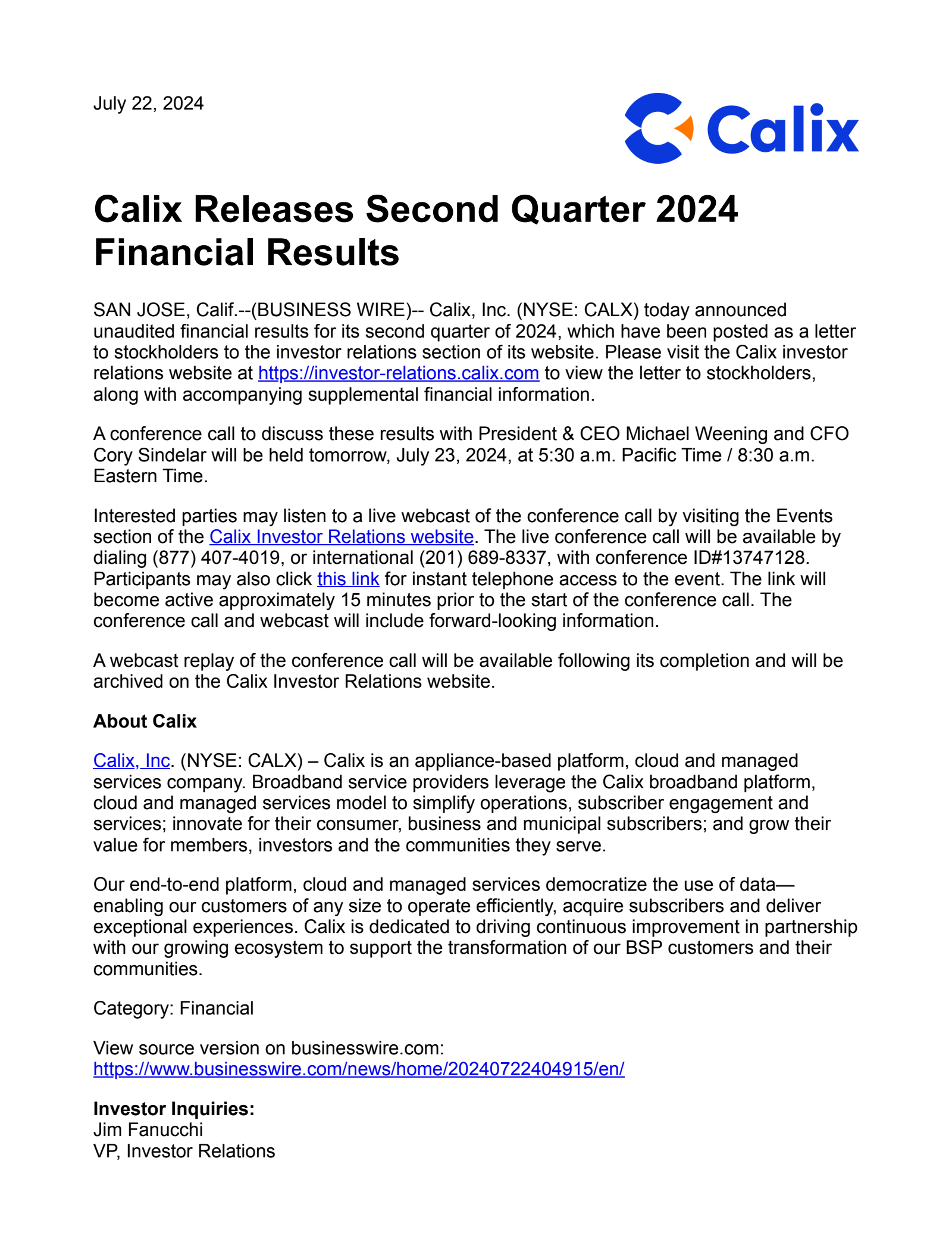 Calix's Q2 2024 Press Release