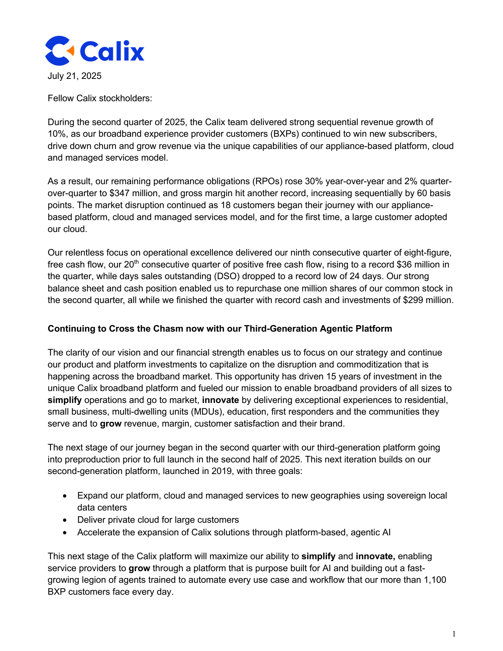 Calix's Q2 2025 Press Release