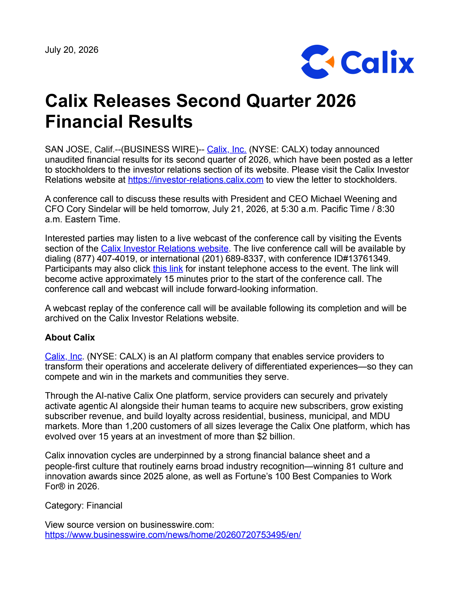 Calix's Q2 2026 Press Release
