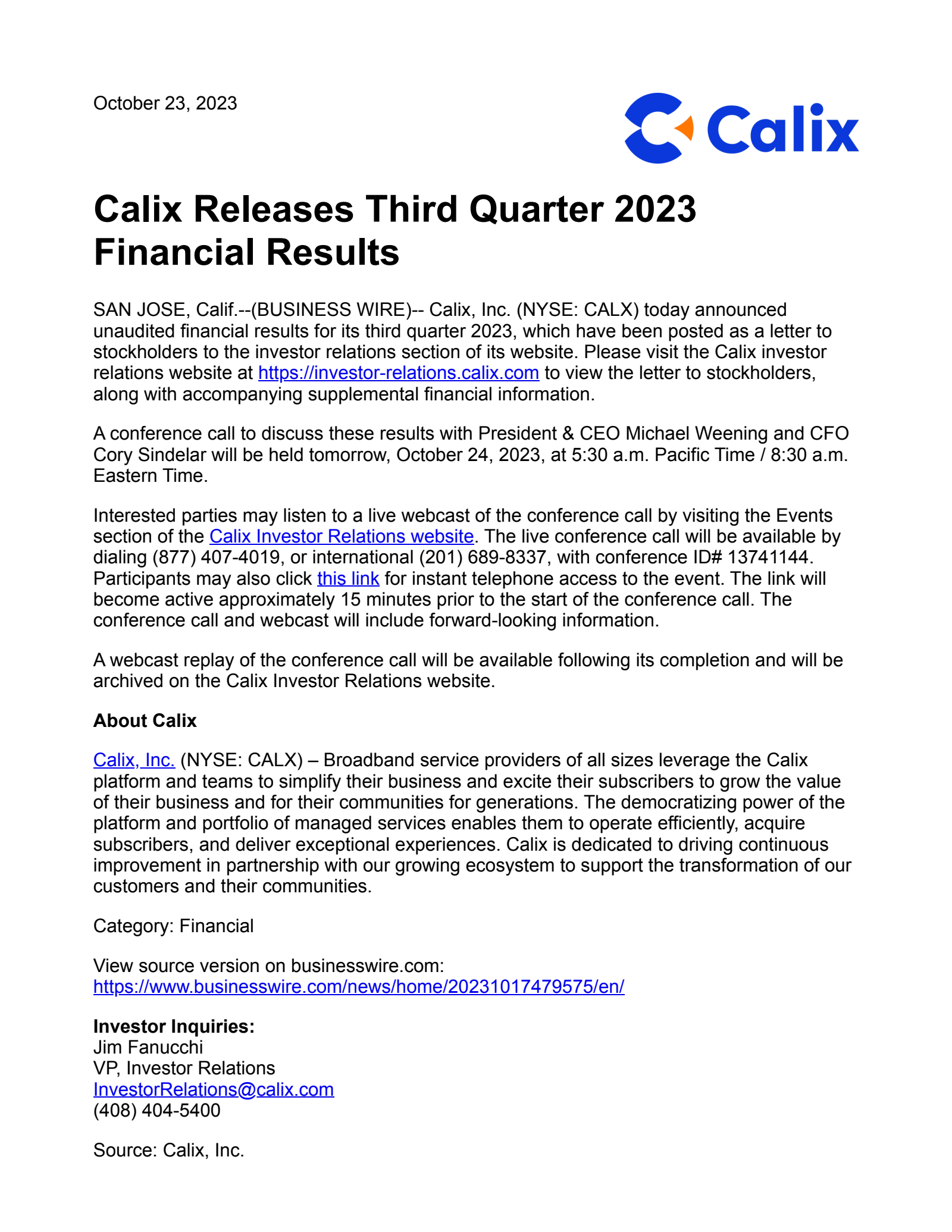 CALX Q3 2023 Earnings Report on 10/24/2023
