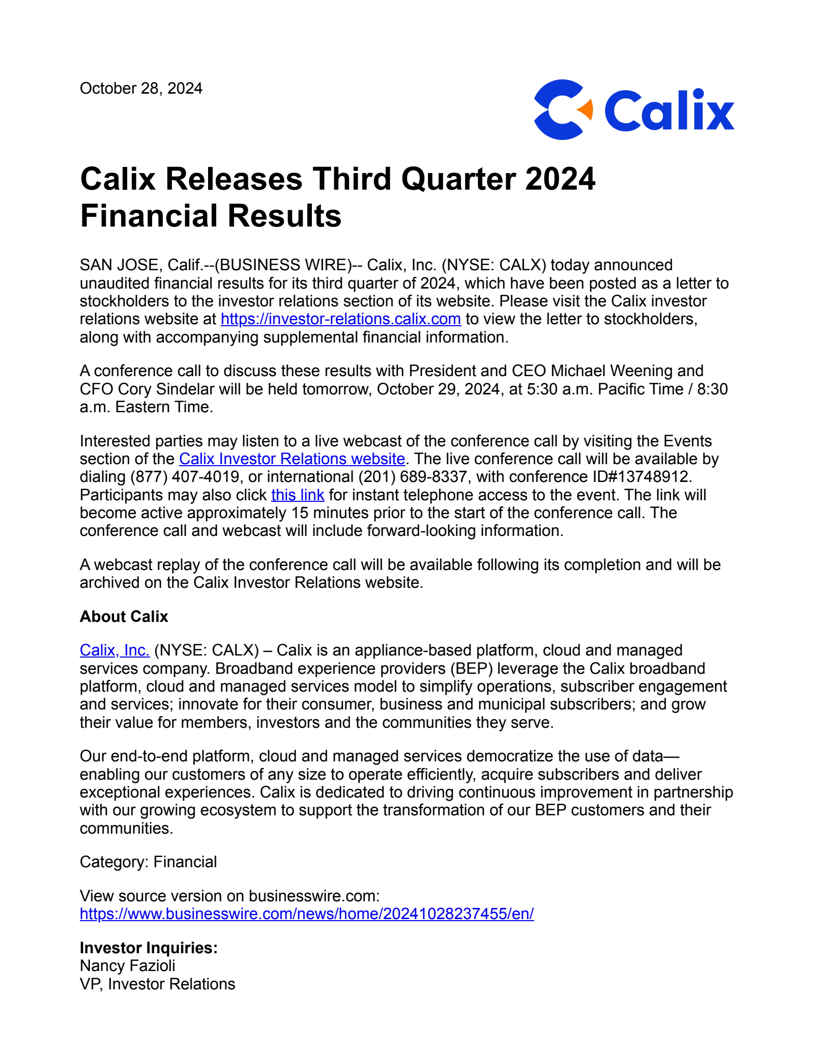 Calix's Q3 2024 Press Release