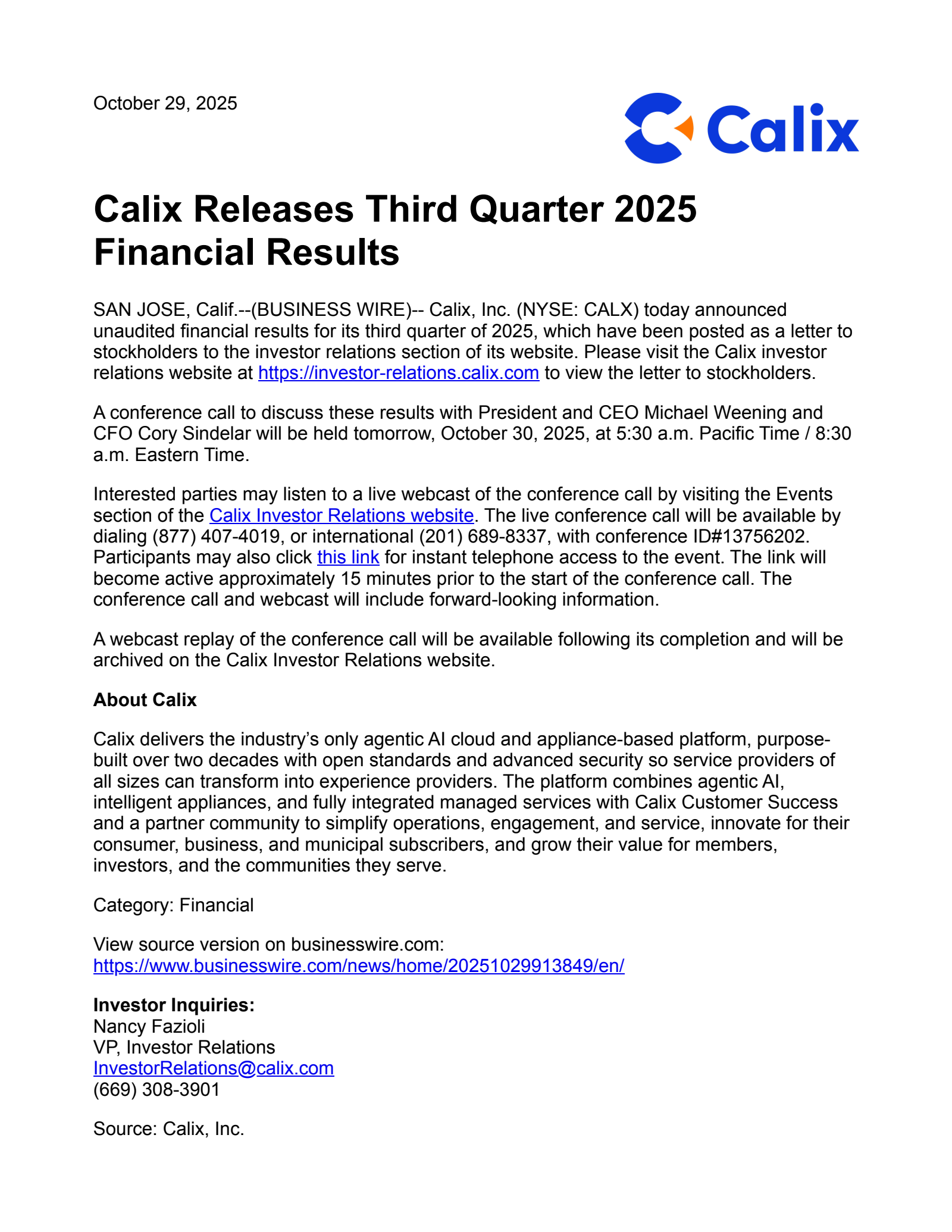 Calix's Q3 2025 Press Release