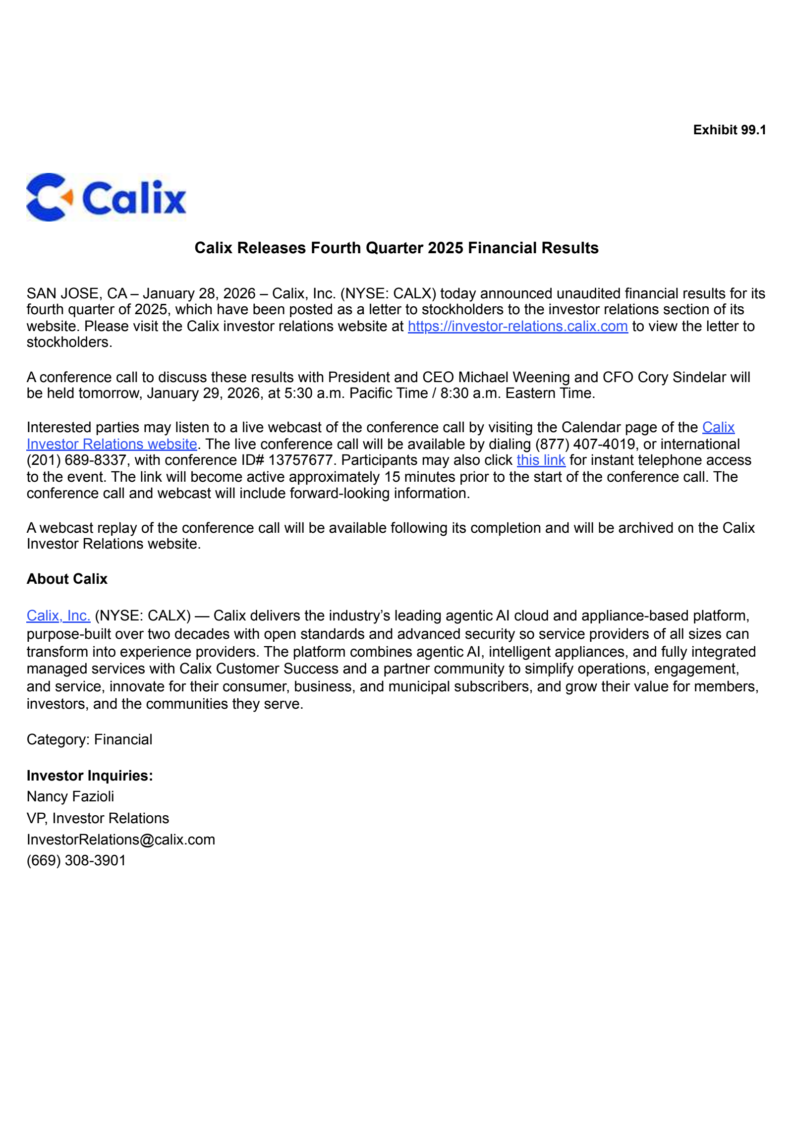 Calix's Q4 2025 Press Release