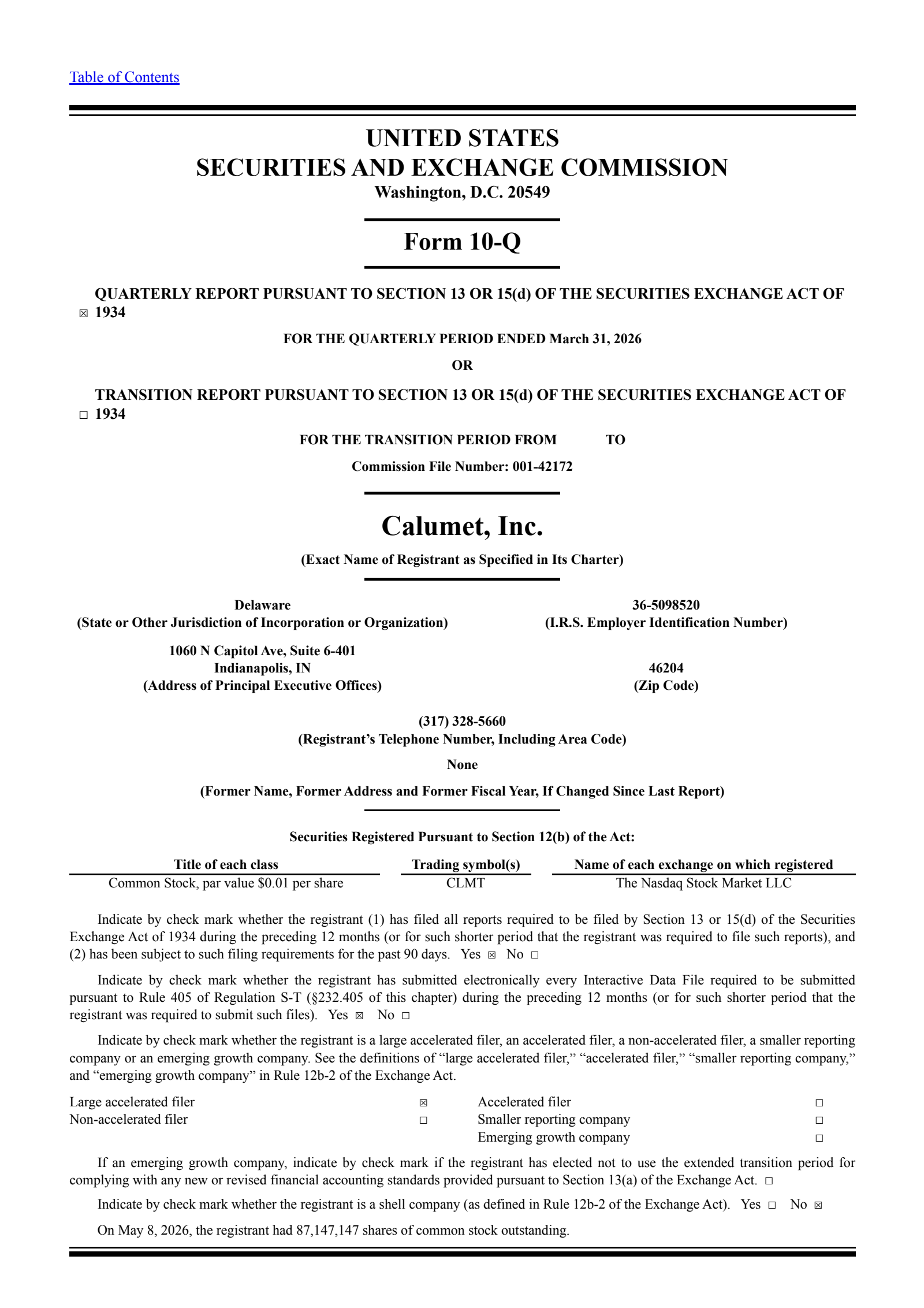 Calumet's Q1 2026 Quarterly report