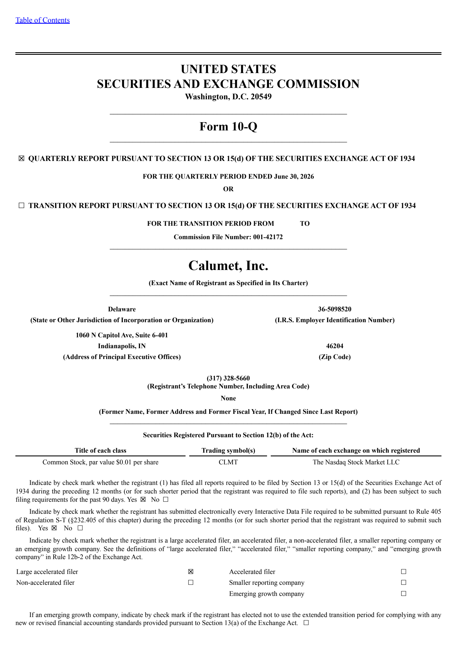 Calumet's Q2 2026 Quarterly report