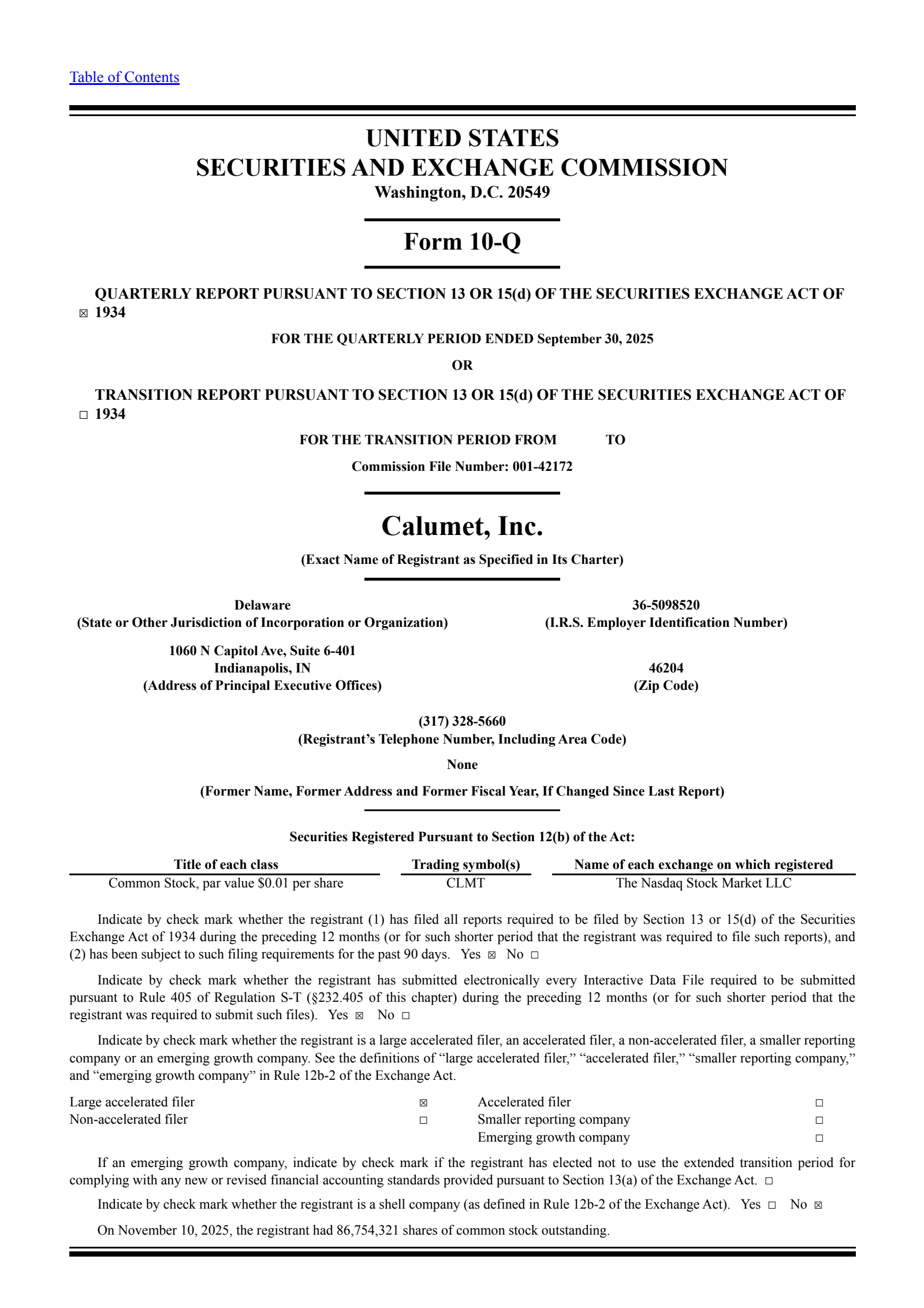 Calumet's Q3 2025 Quarterly report