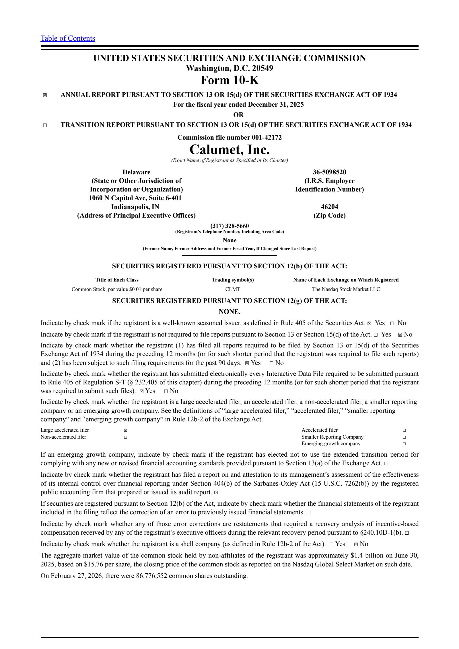 Calumet's Q4 2025 Annual report