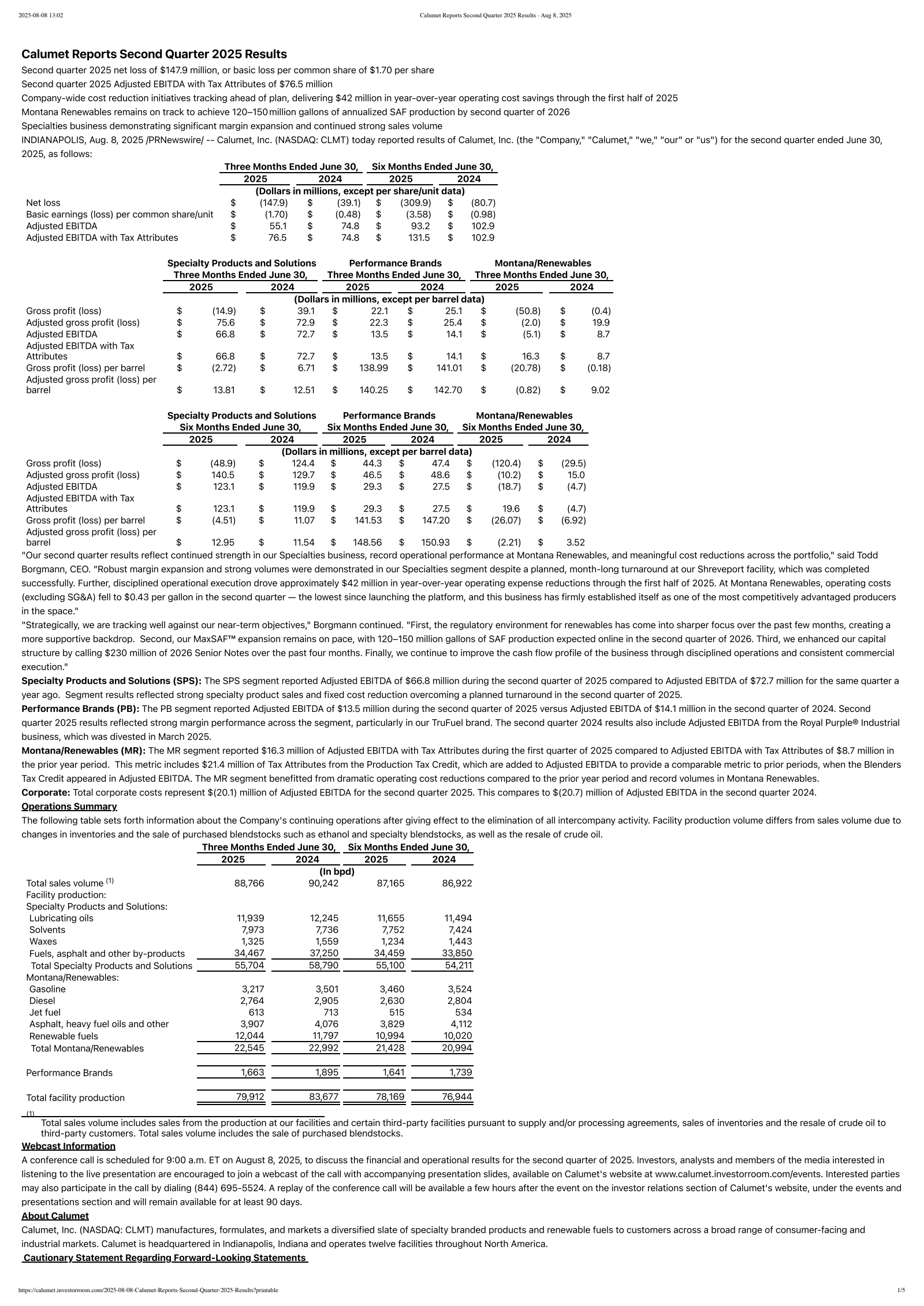 Calumet's Q2 2025 Press Release