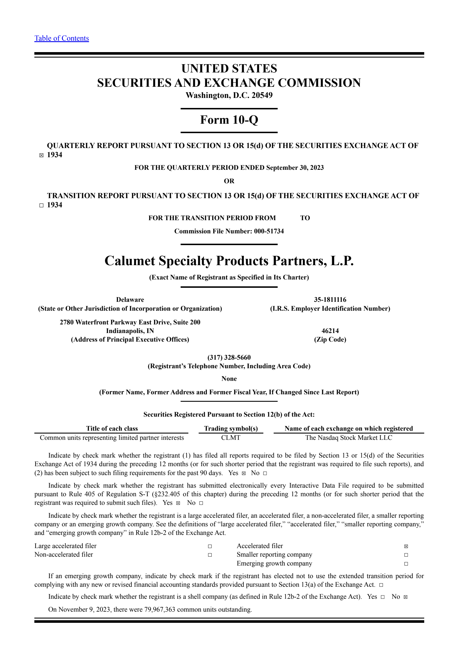 Calumet Specialty Products Partners' Q3 2023 Quarterly report
