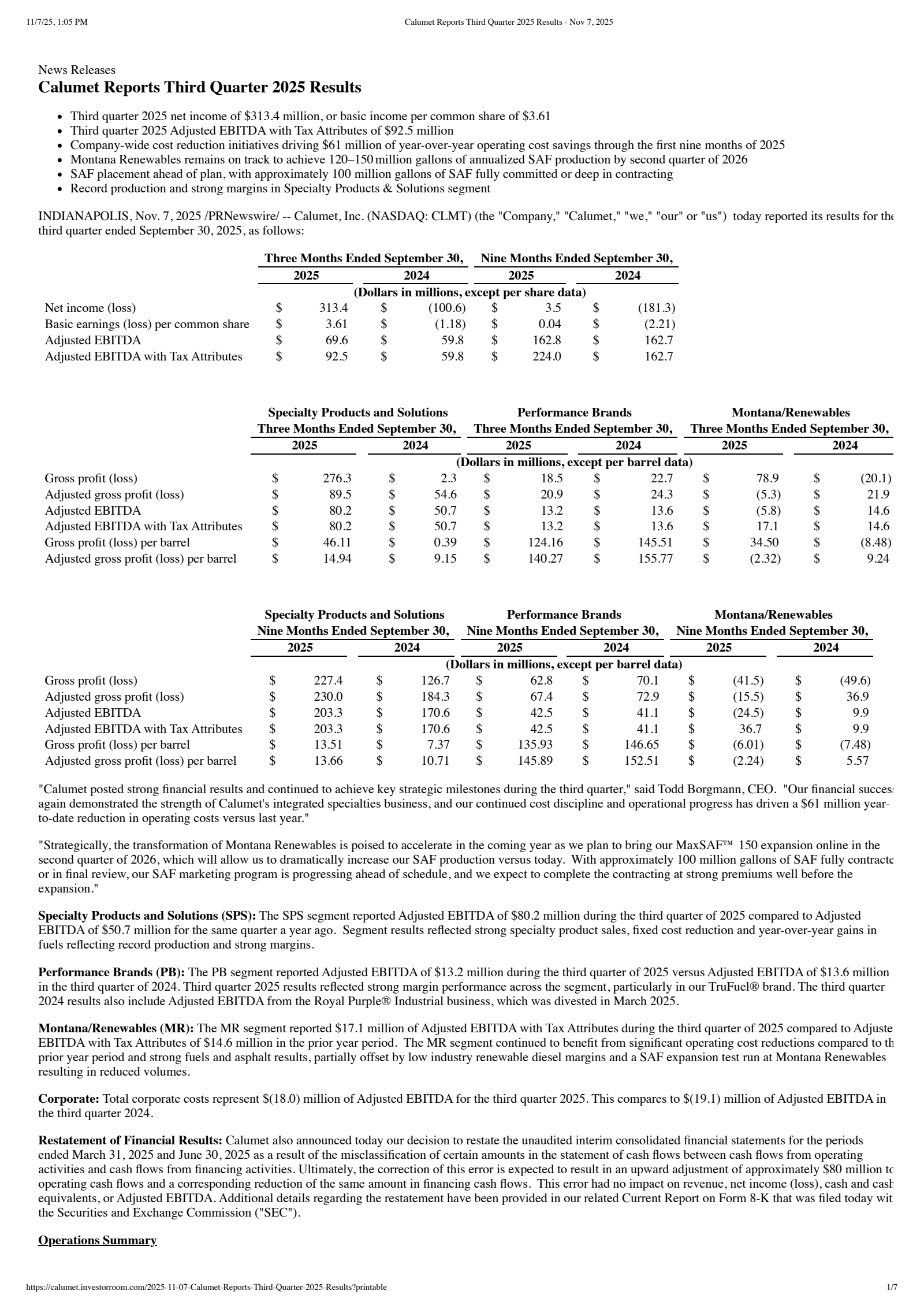 Calumet's Q3 2025 Earnings Release