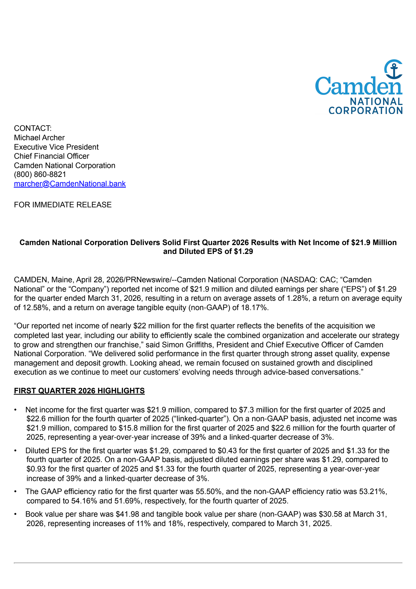 Camden National's Q1 2026 Press Release