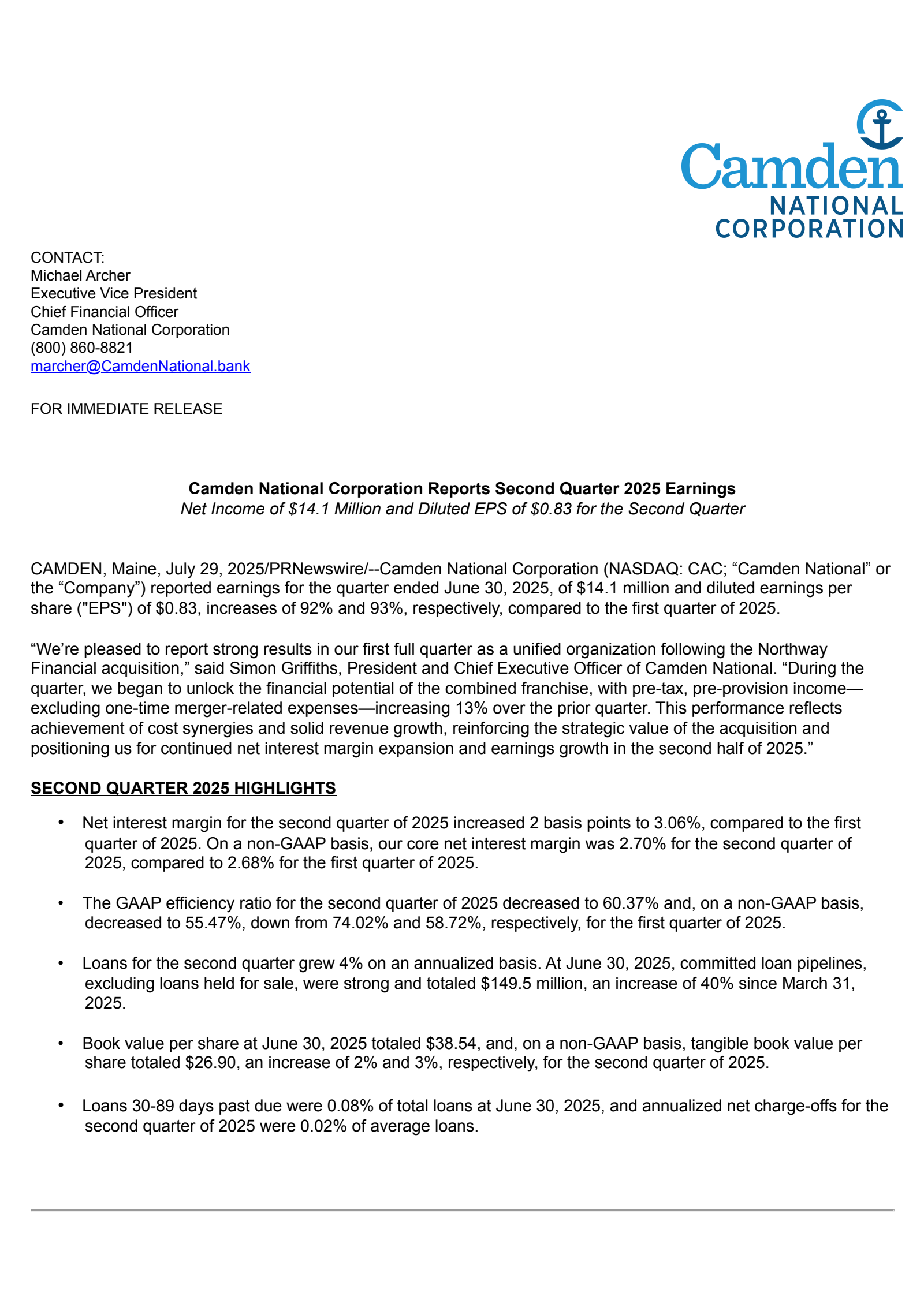 Camden National's Q2 2025 Press Release