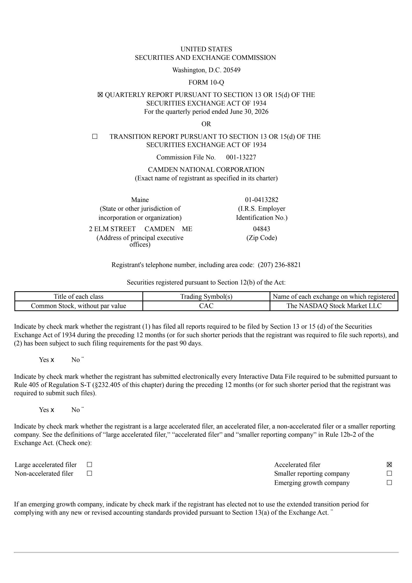 Camden National's Q2 2026 Quarterly report