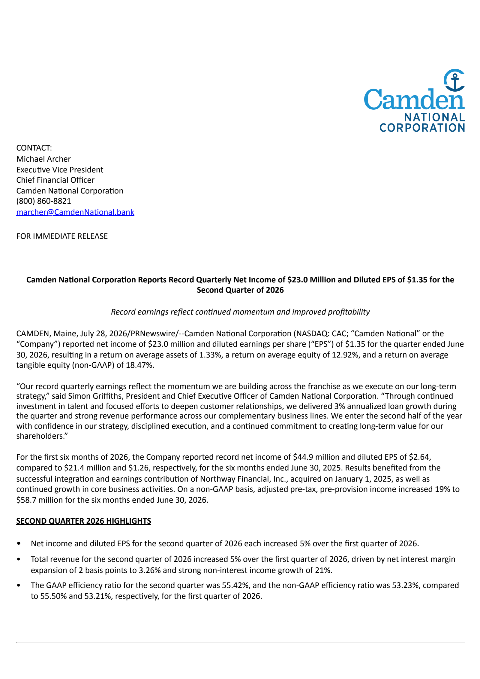 Camden National's Q2 2026 Press Release