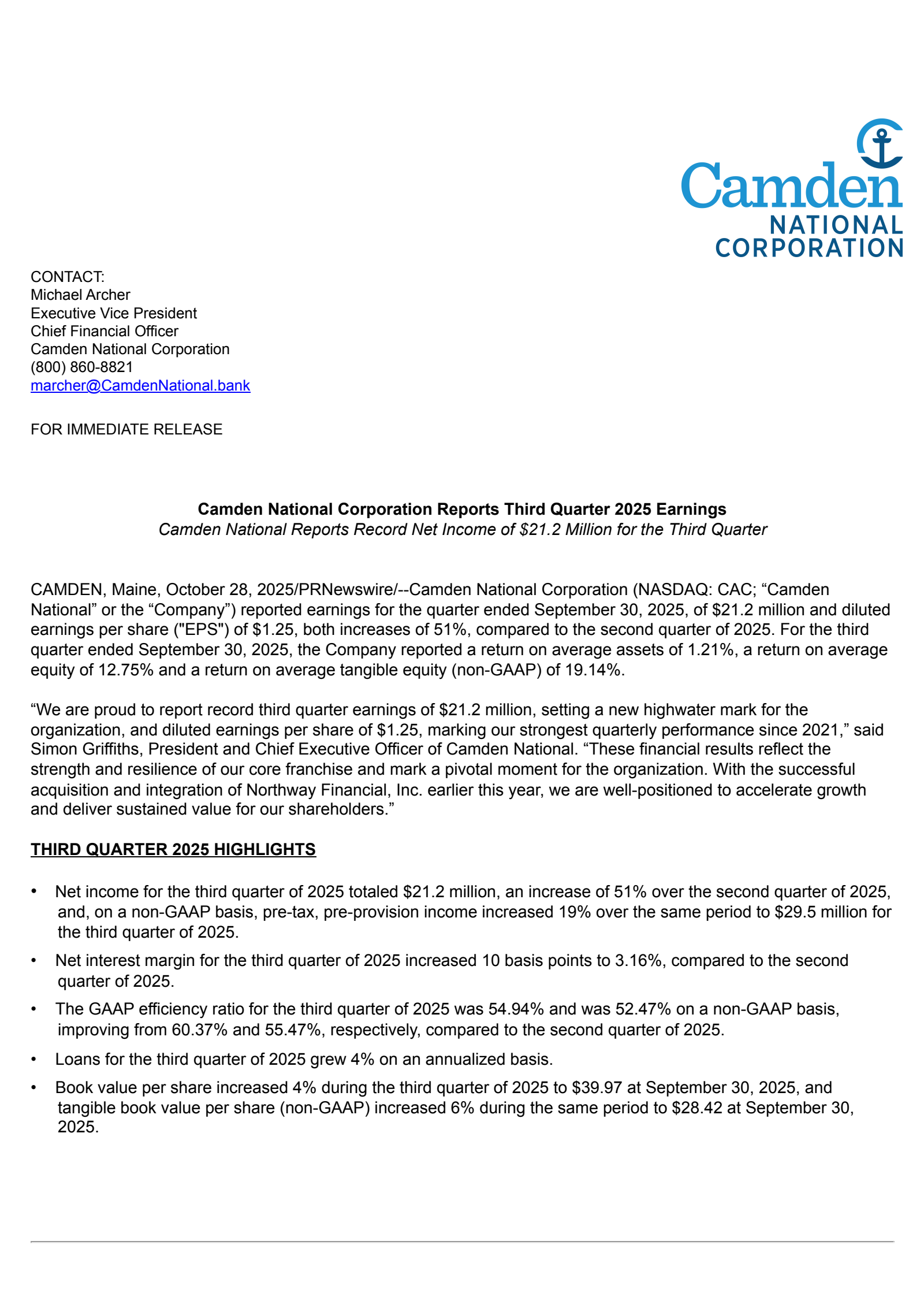 Camden National's Q3 2025 Earnings Release