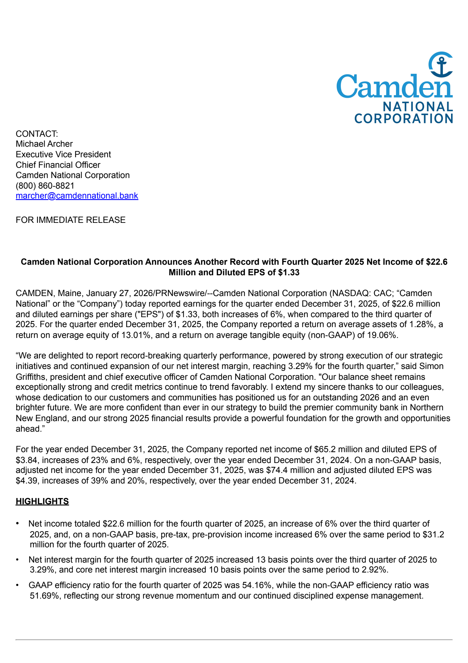 Camden National's Q4 2025 Press Release