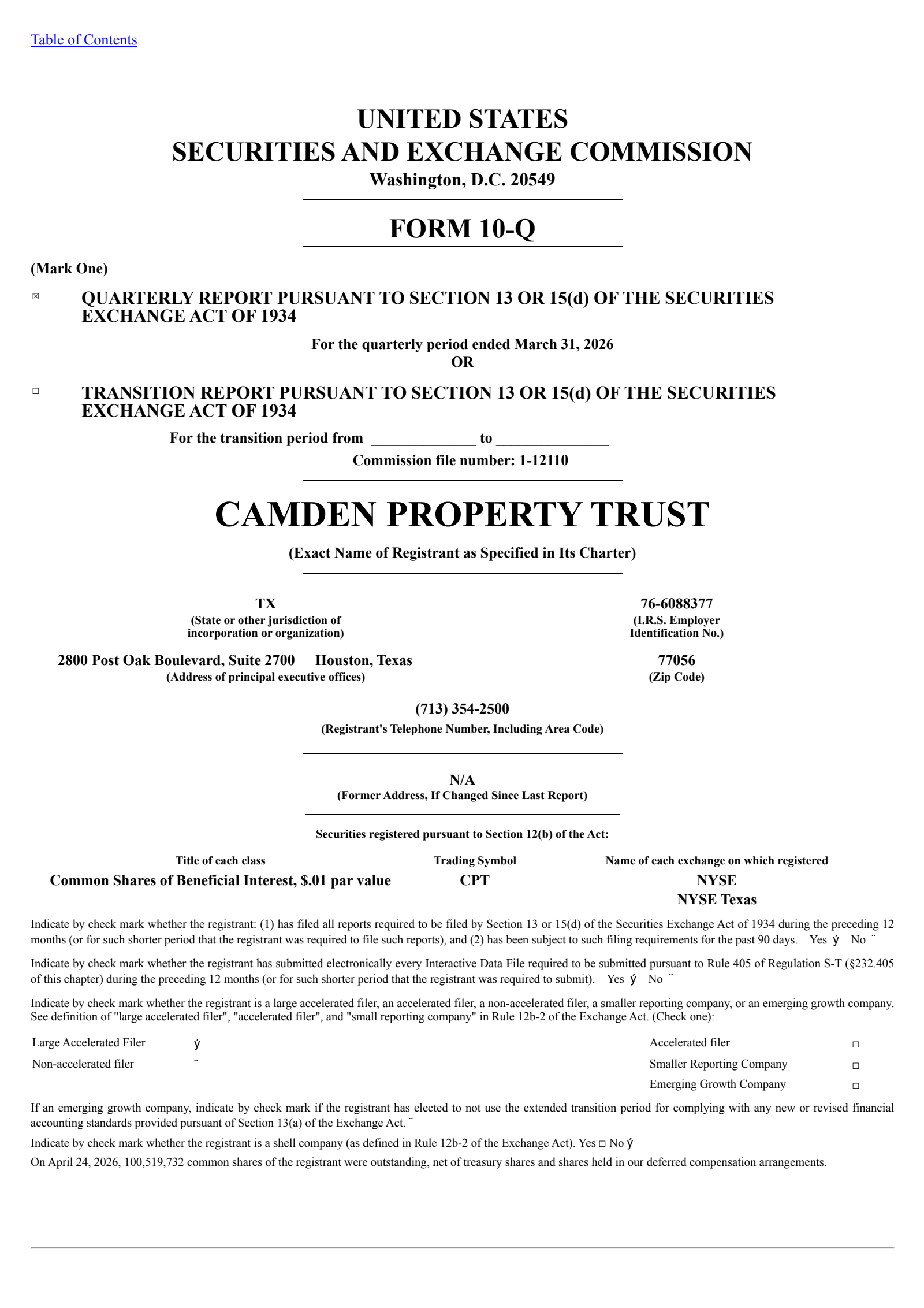 Camden Property Trust's Q1 2026 Quarterly report