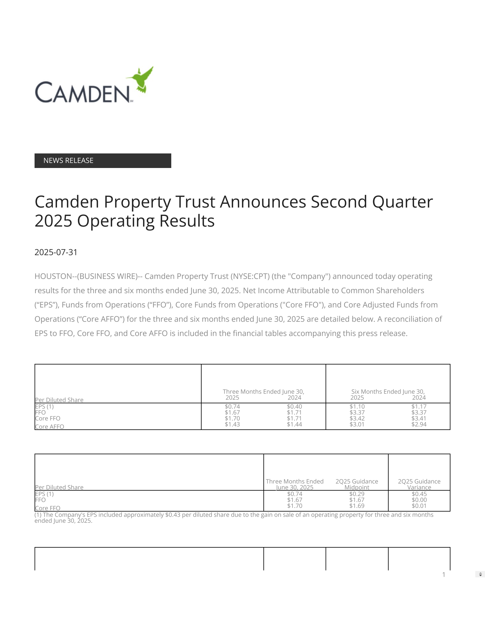 Camden Property Trust's Q2 2025 Press Release