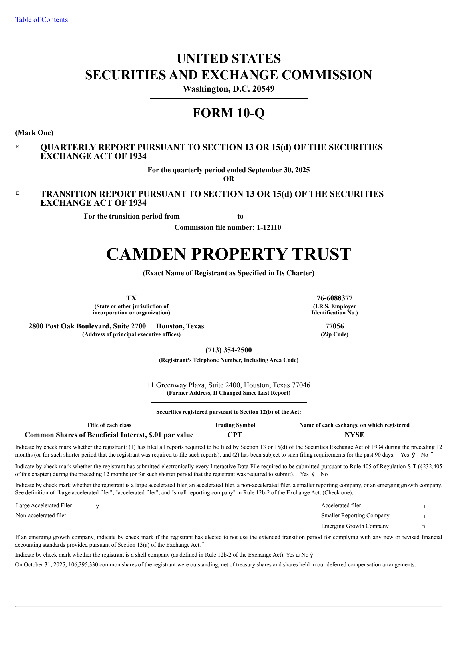 Camden Property Trust's Q3 2025 Quarterly Report