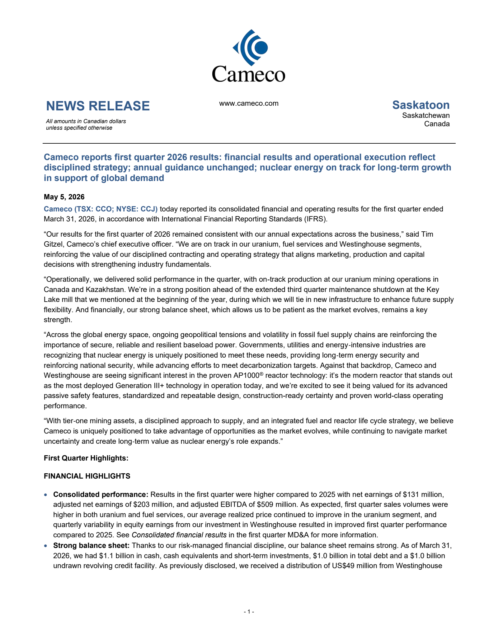 Cameco's Q1 2026 Press Release