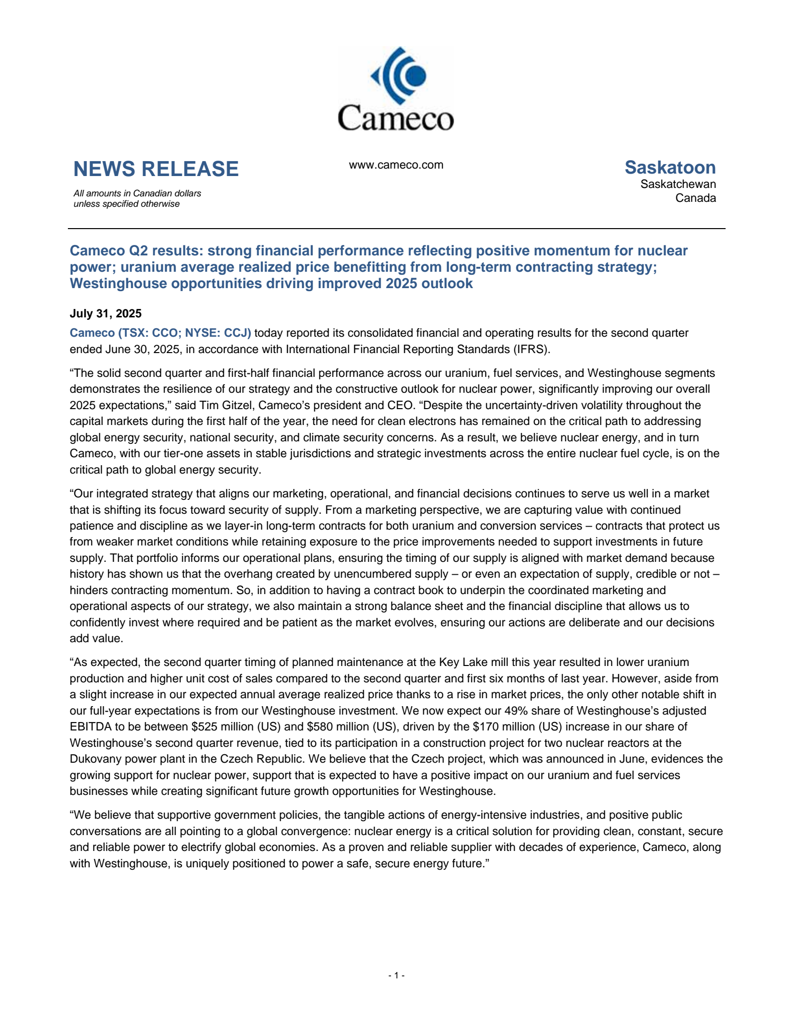 Cameco's Q2 2025 Press Release