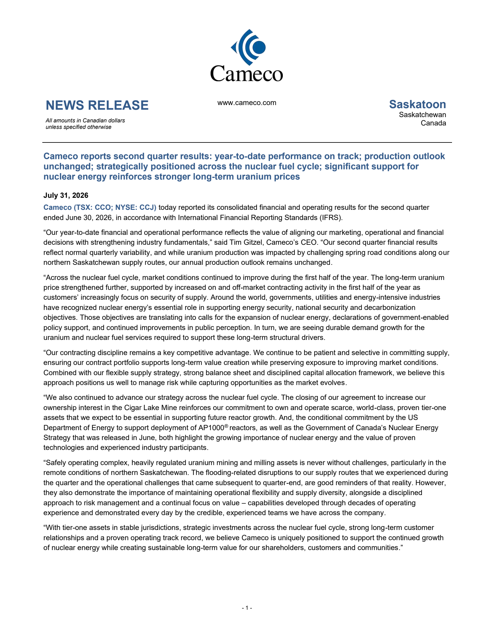 Cameco's Q2 2026 Press Release