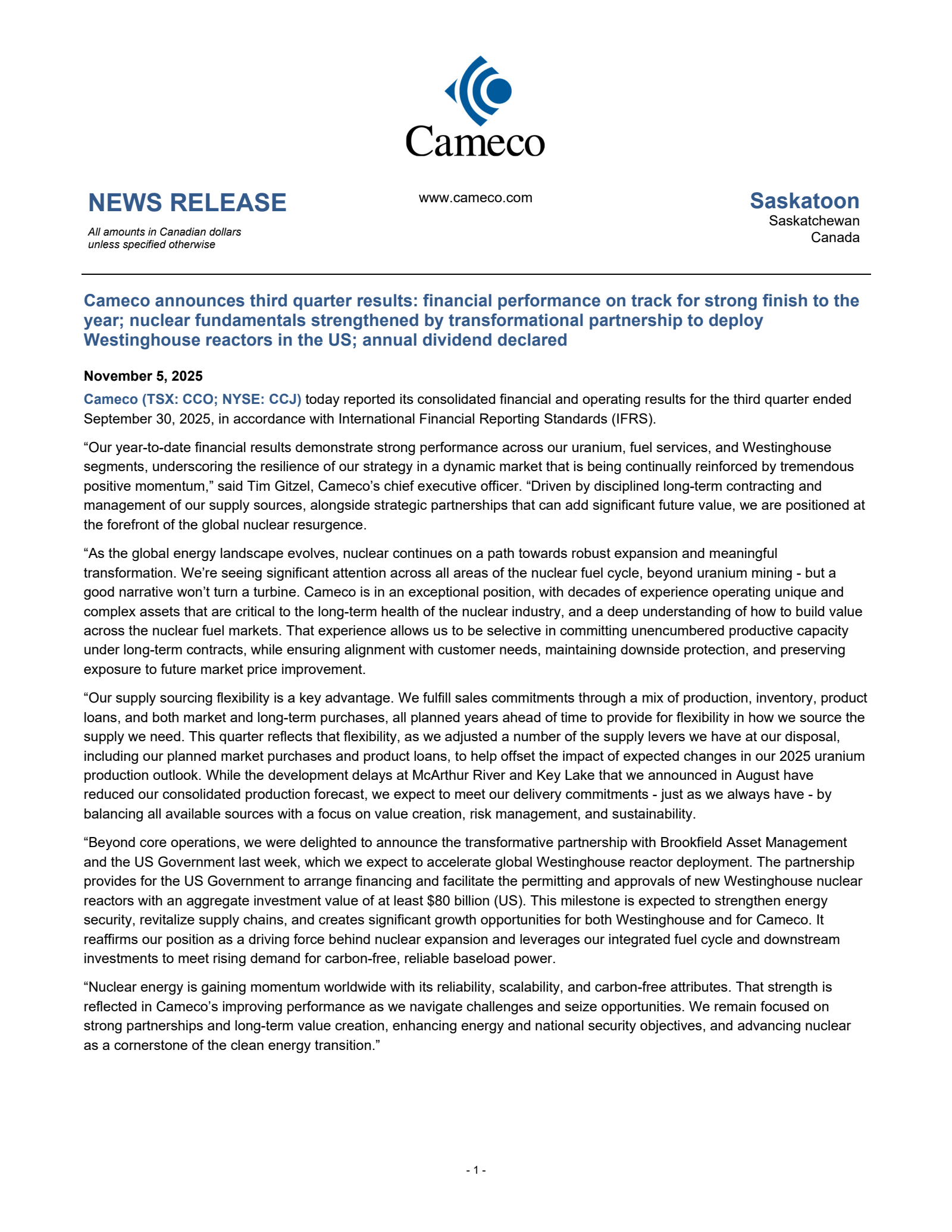 Cameco's Q3 2025 Earnings Release
