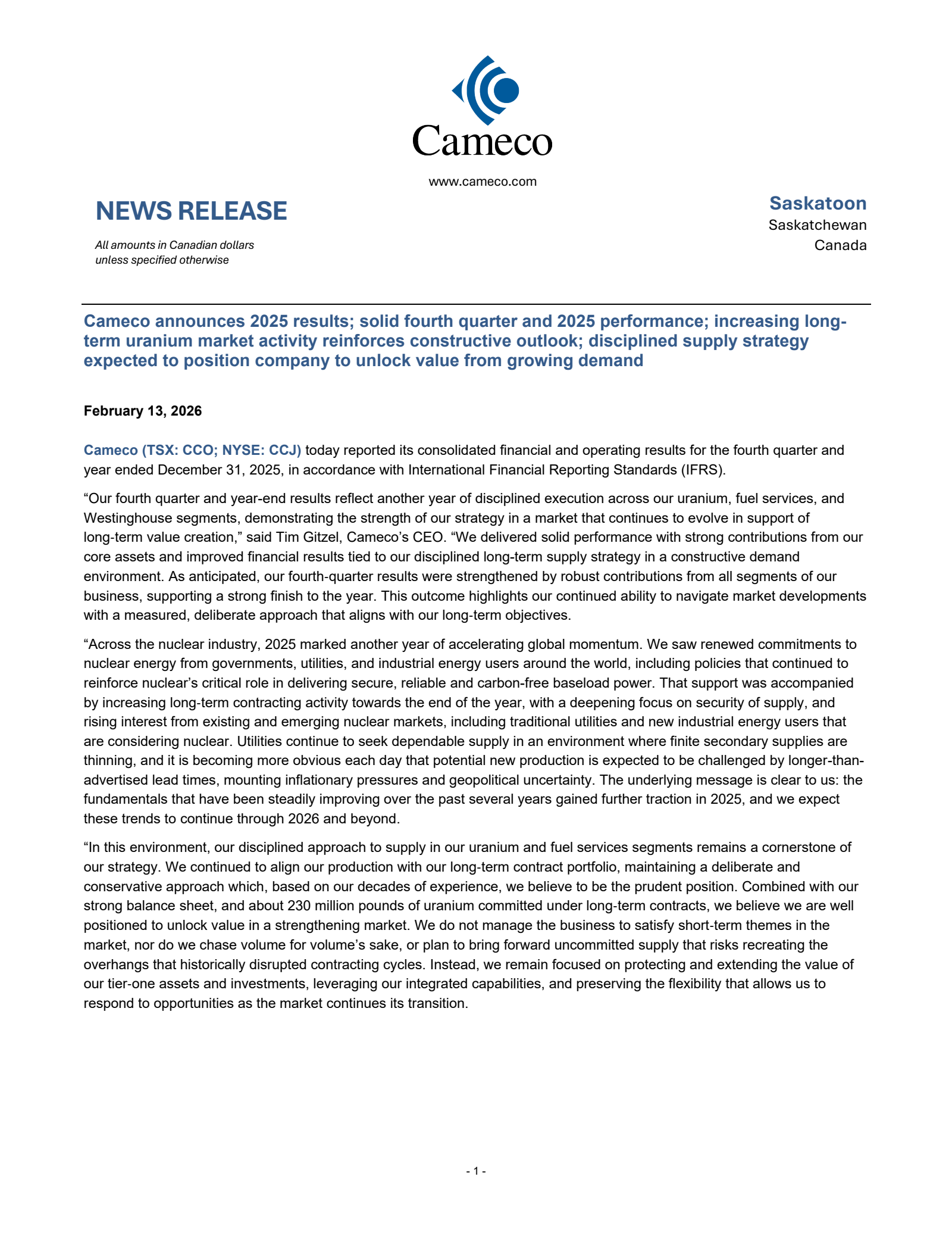 Cameco's Q4 2025 Press Release