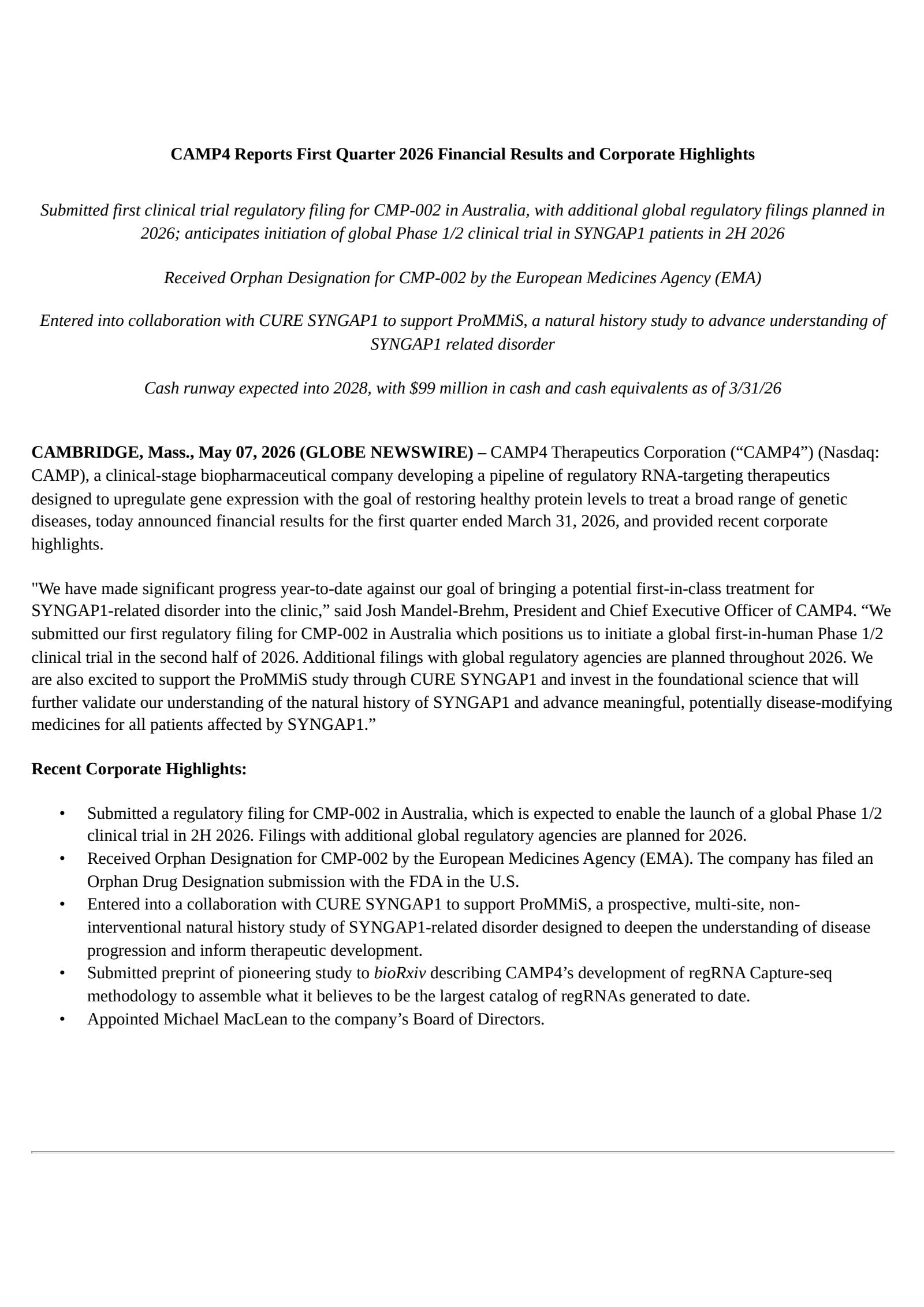 CAMP4 Therapeutics' Q1 2026 Press Release