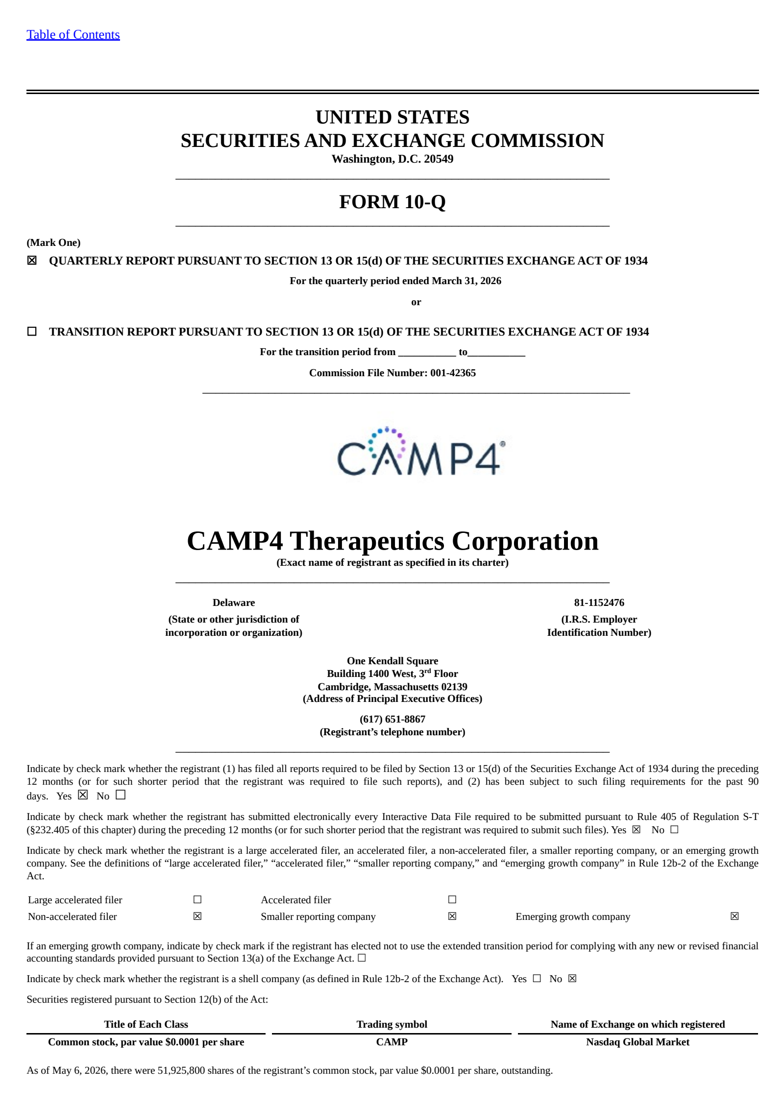 CAMP4 Therapeutics' Q1 2026 Quarterly report