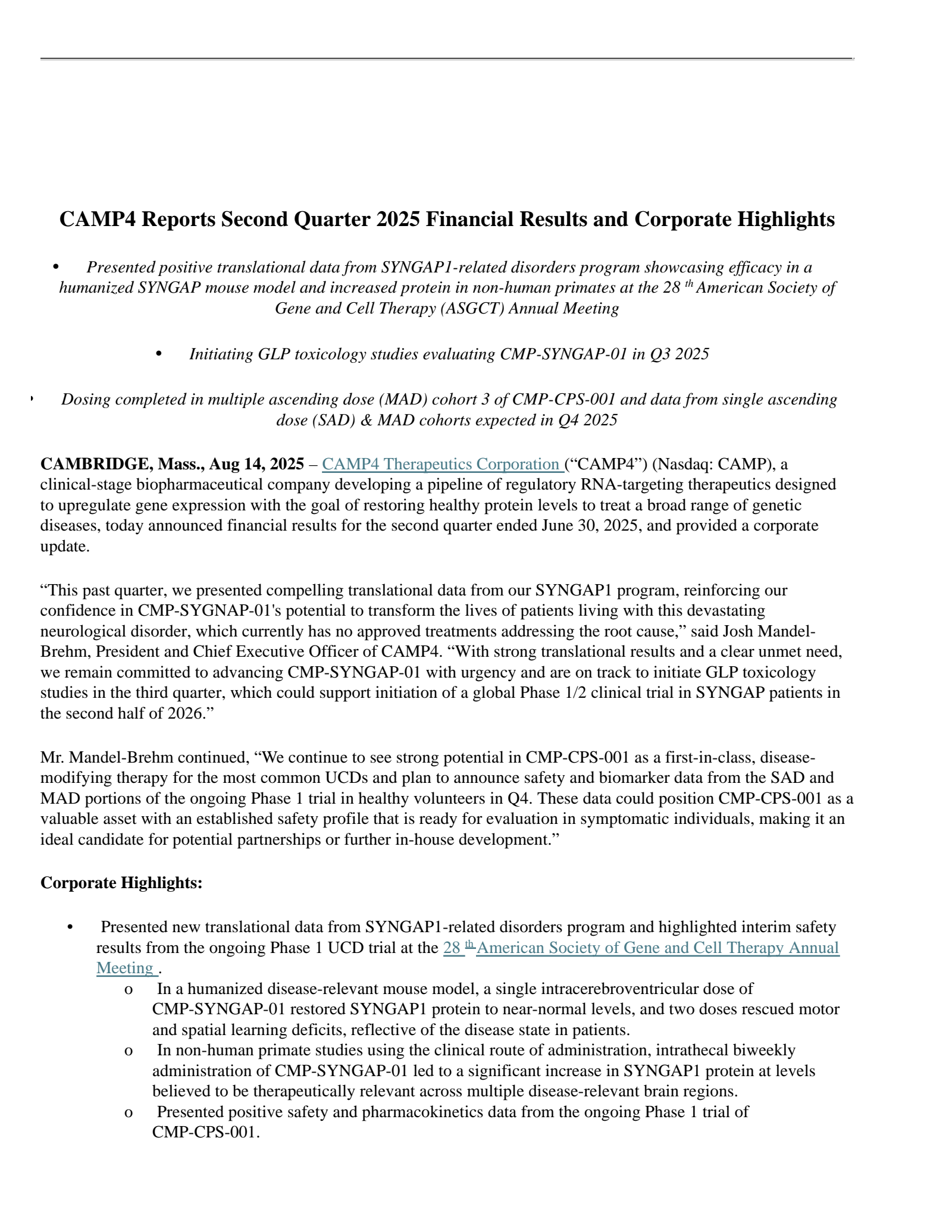 CAMP4 Therapeutics' Q2 2025 Press Release