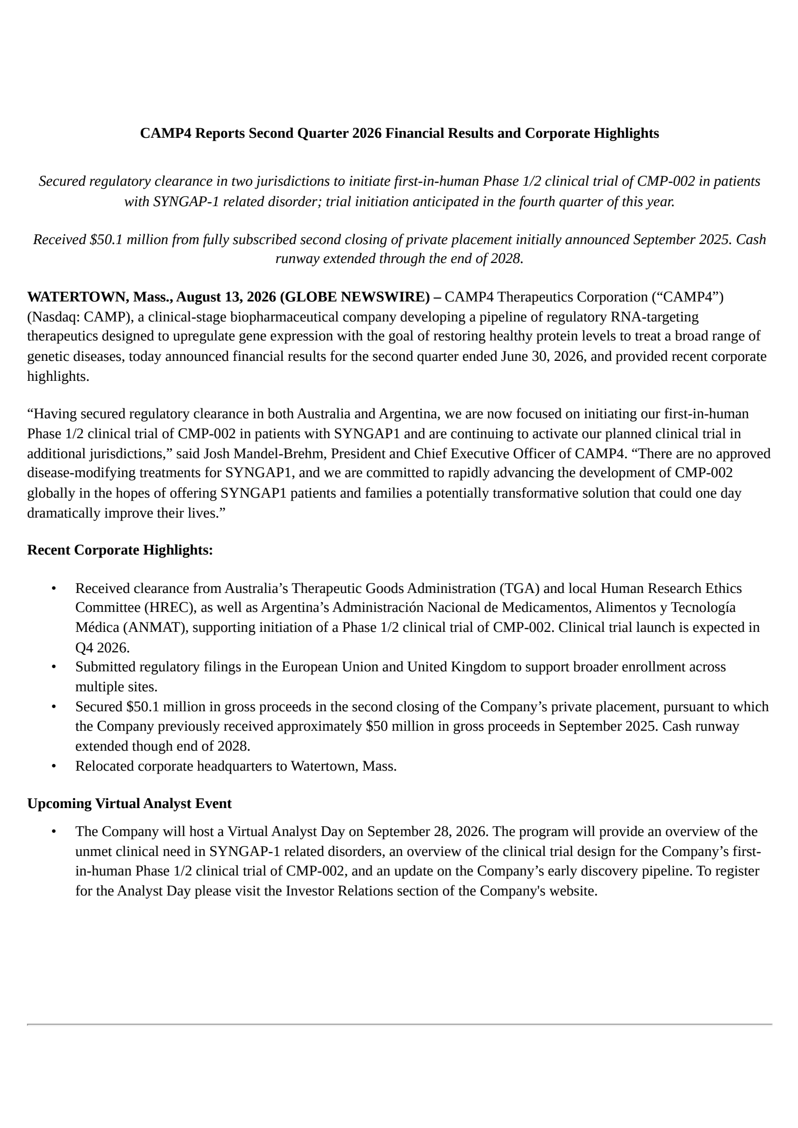 CAMP4 Therapeutics' Q2 2026 Press Release