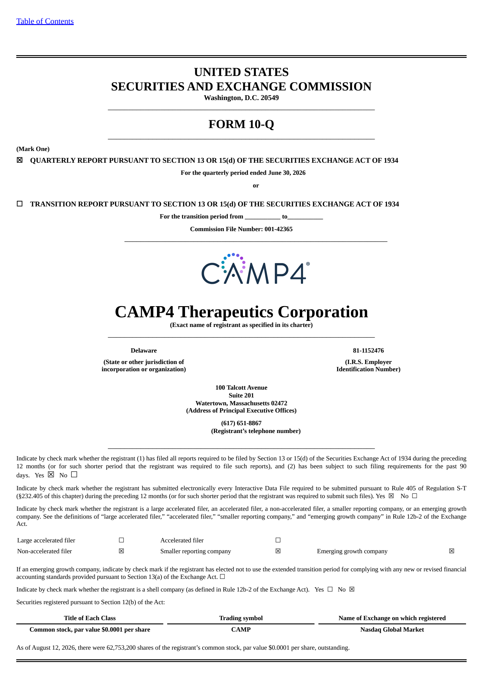 CAMP4 Therapeutics' Q2 2026 Quarterly report