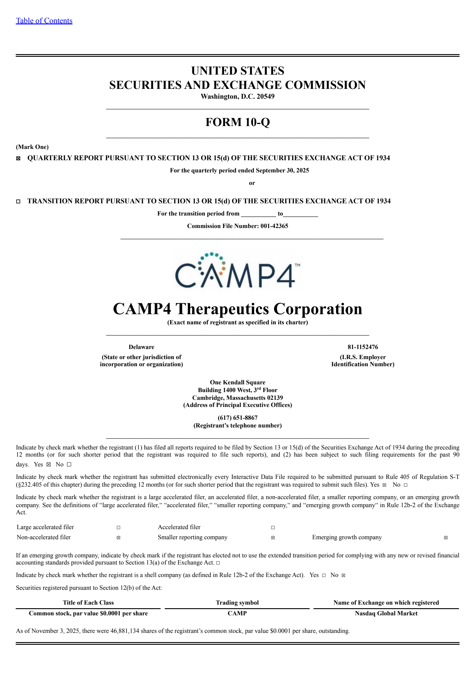 CAMP4 Therapeutics' Q3 2025 Quarterly report