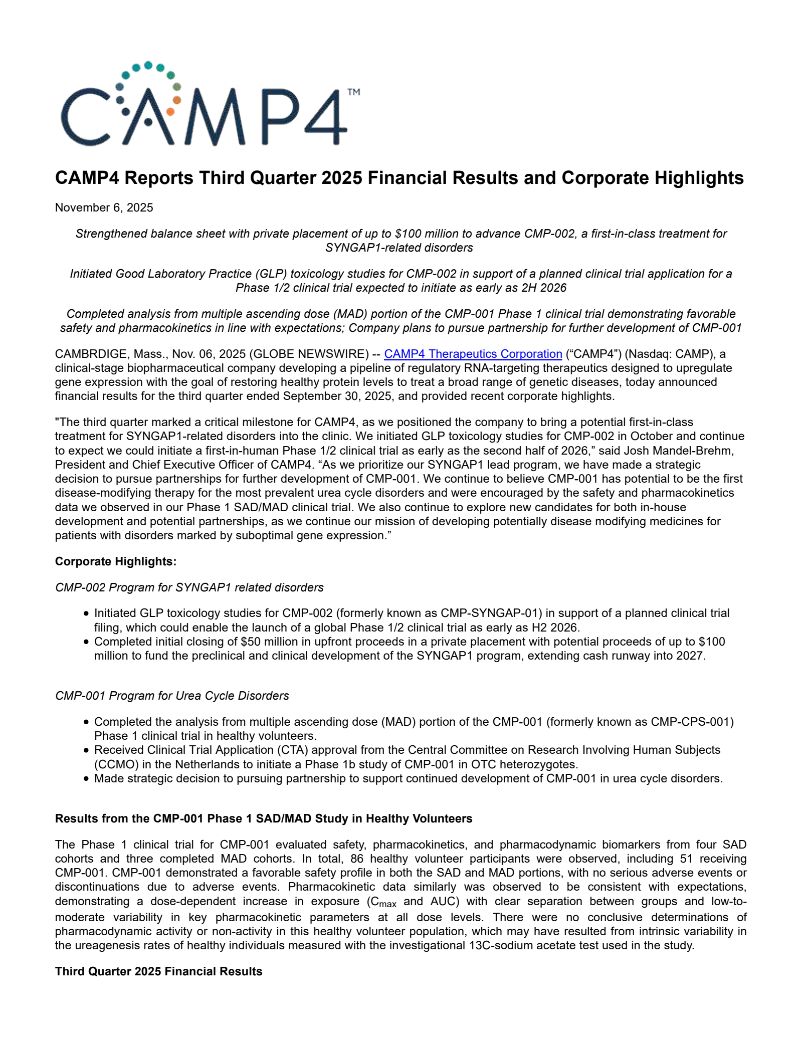 CAMP4 Therapeutics' Q3 2025 Earnings Release
