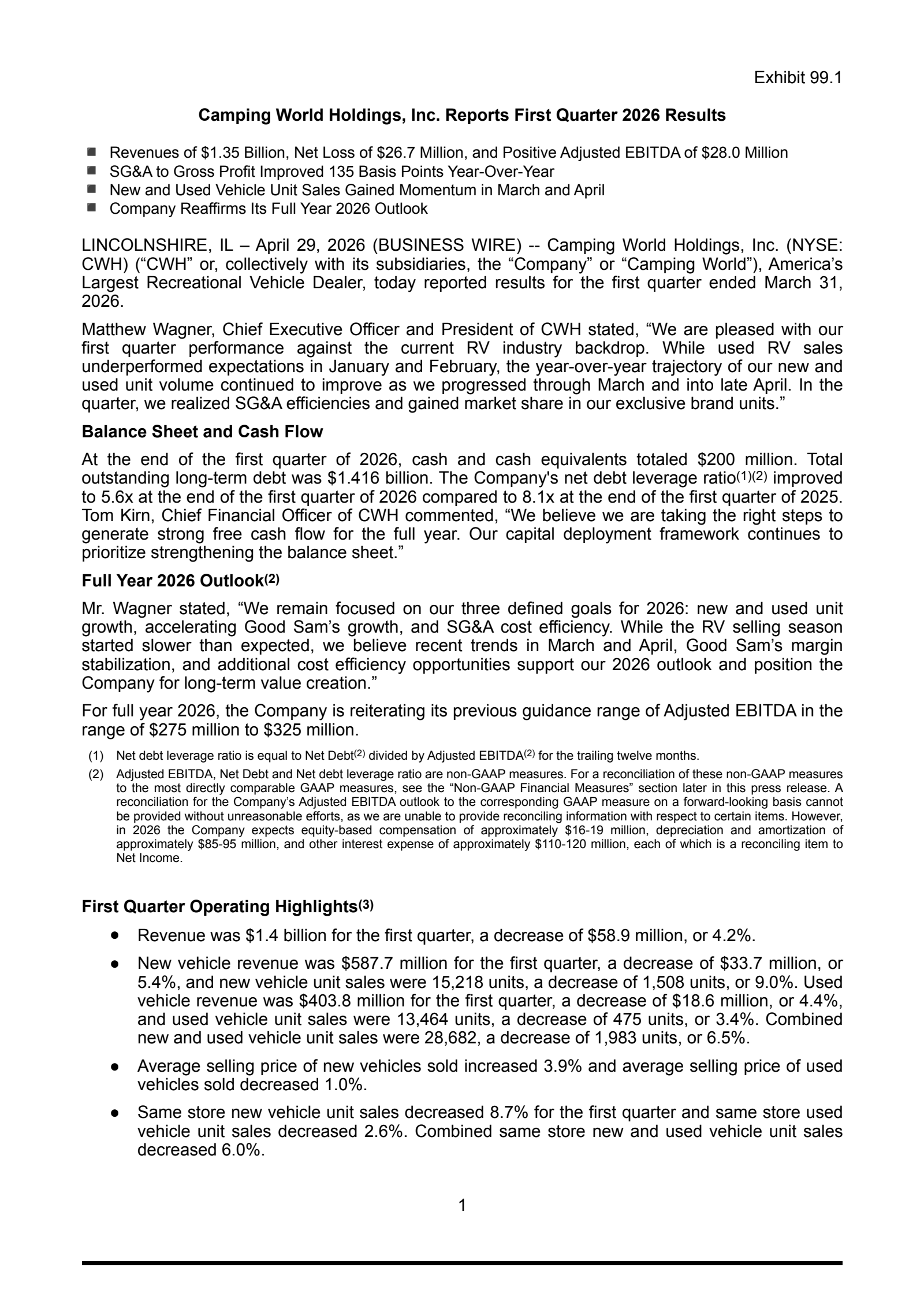 Camping World's Q1 2026 Press Release