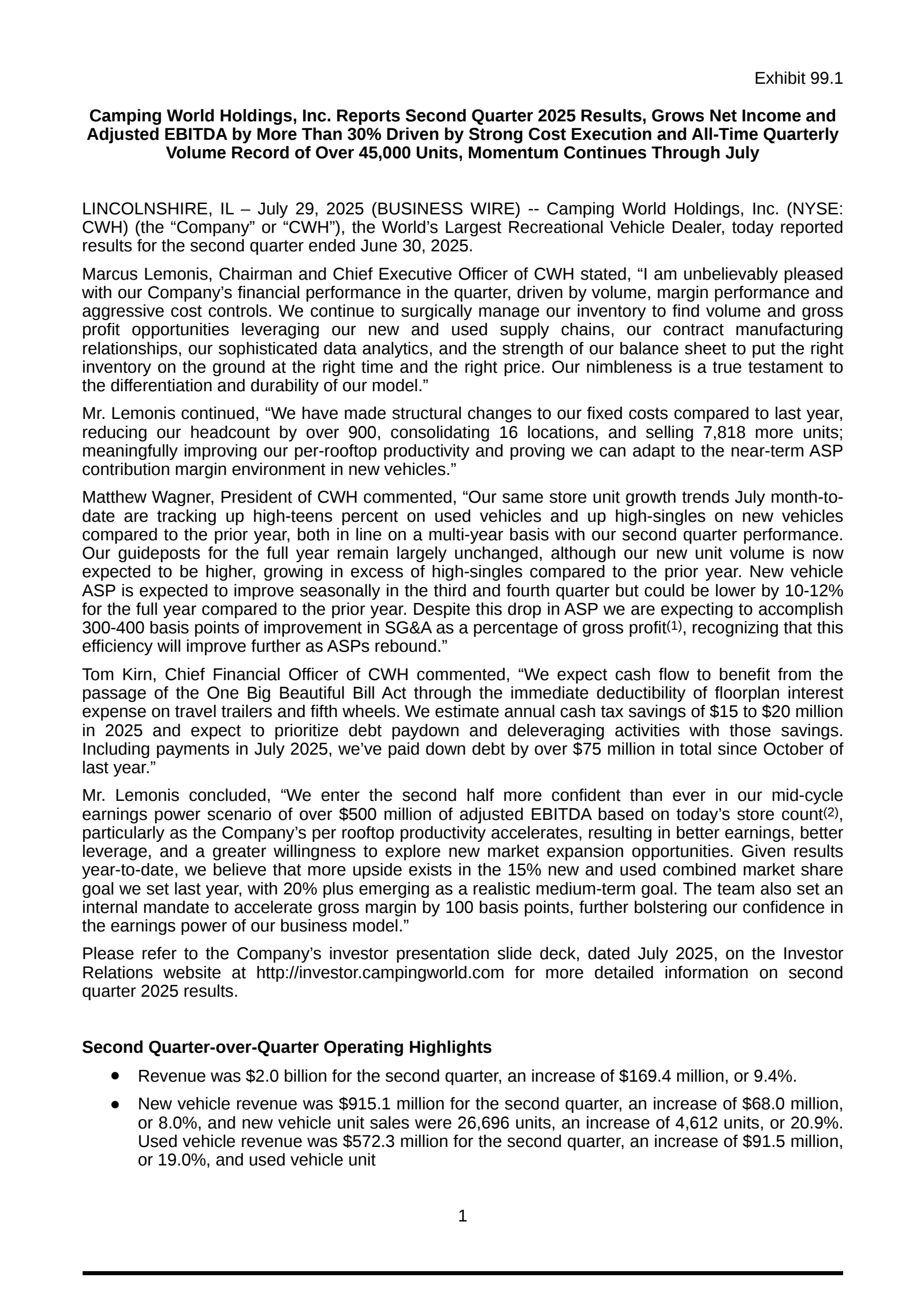 Camping World's Q2 2025 Press Release