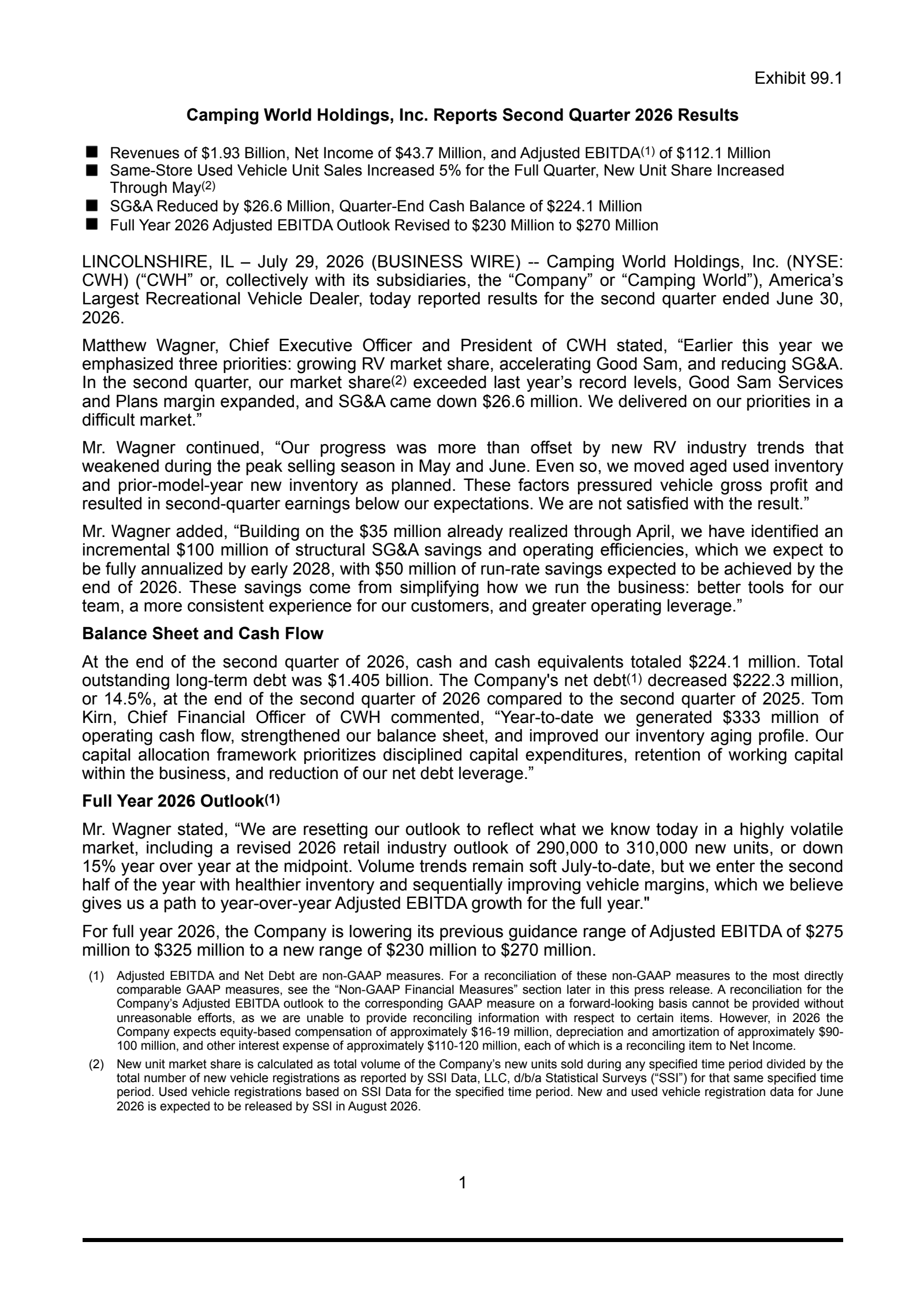 Camping World's Q2 2026 Press Release