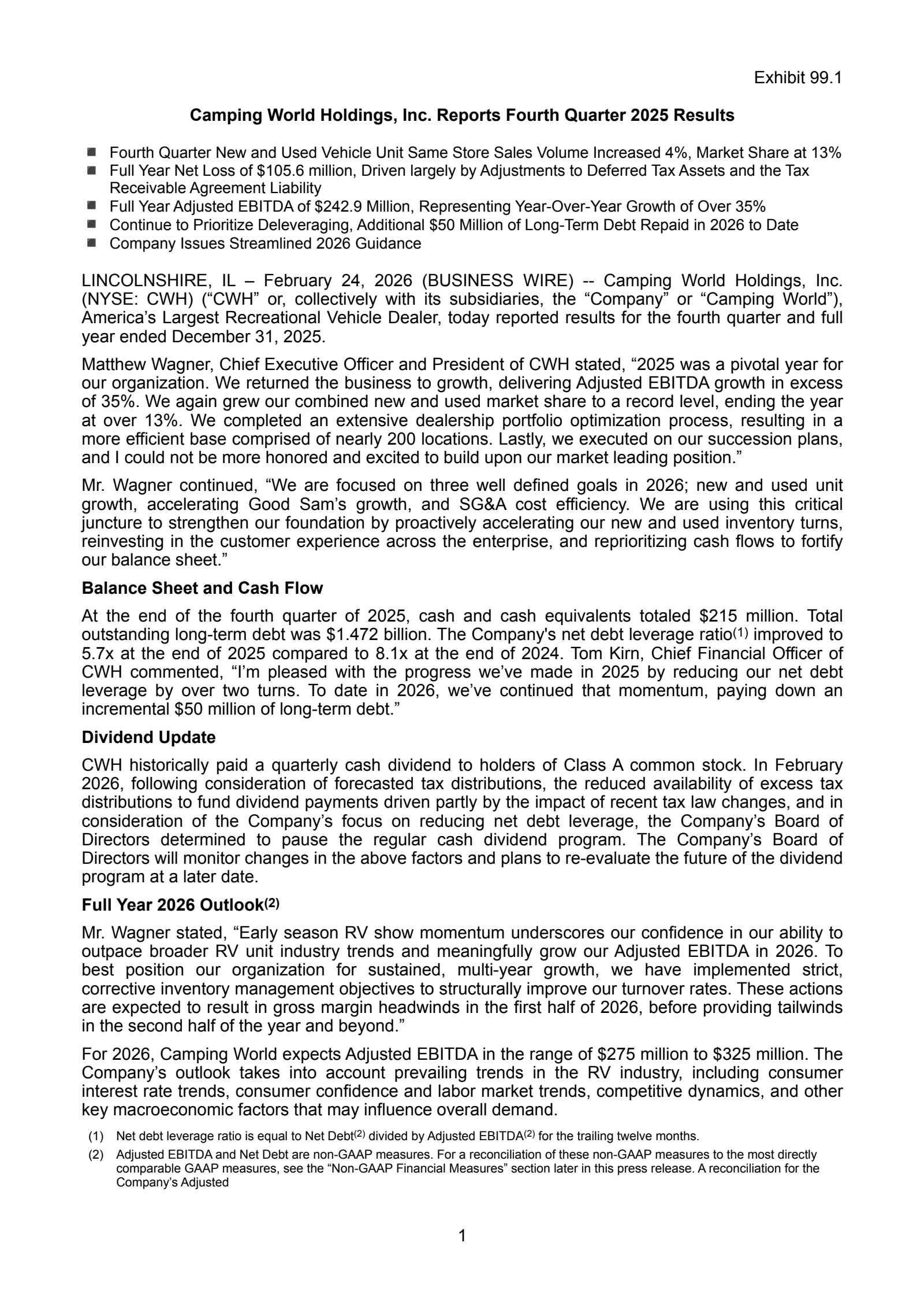 Camping World's Q4 2025 Press Release