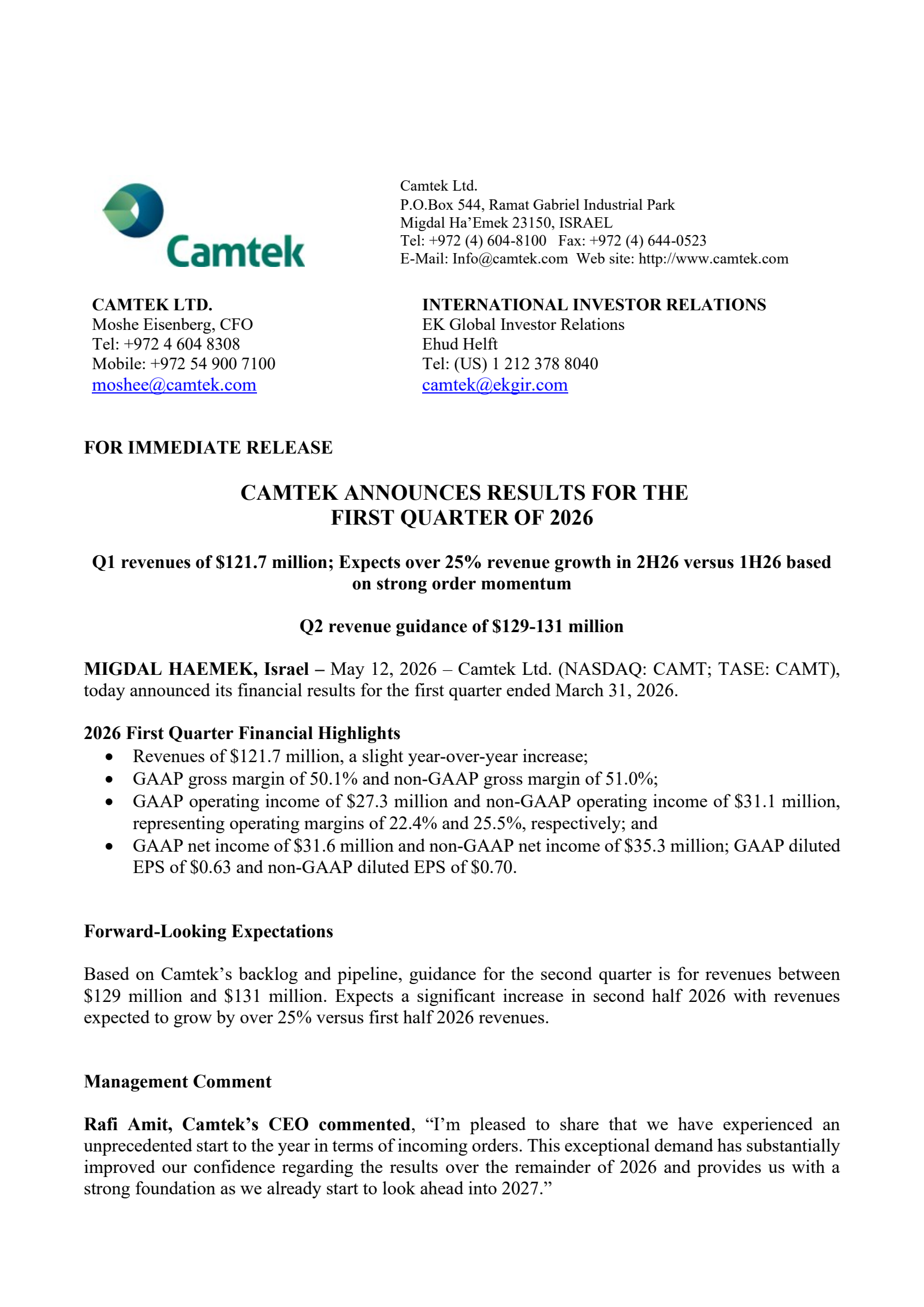 Camtek's Q1 2026 Press Release
